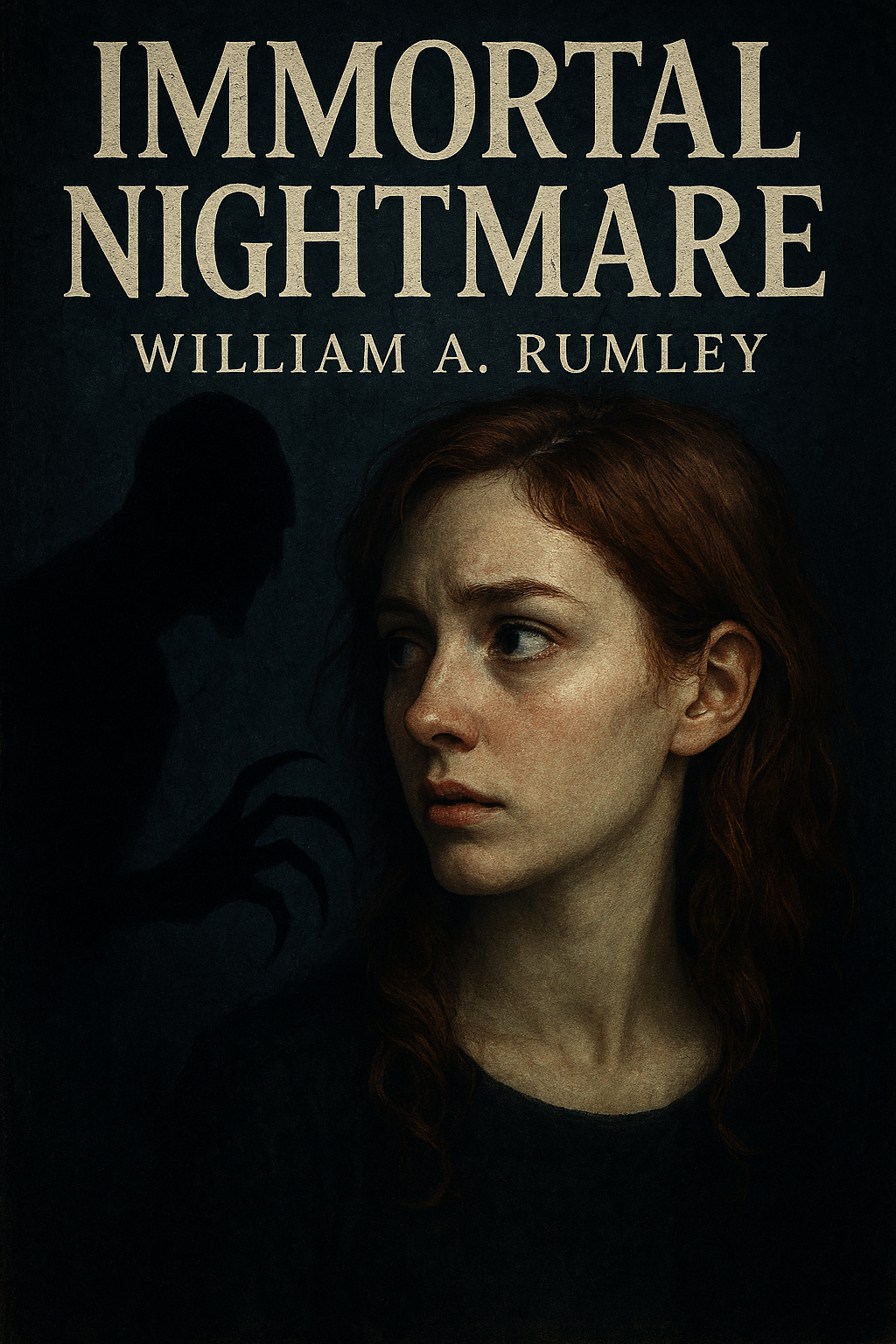 Book cover for 'Immortal Nightmare' by William A. Rumley featuring a woman with red hair and a shadowy figure with claws in the background.