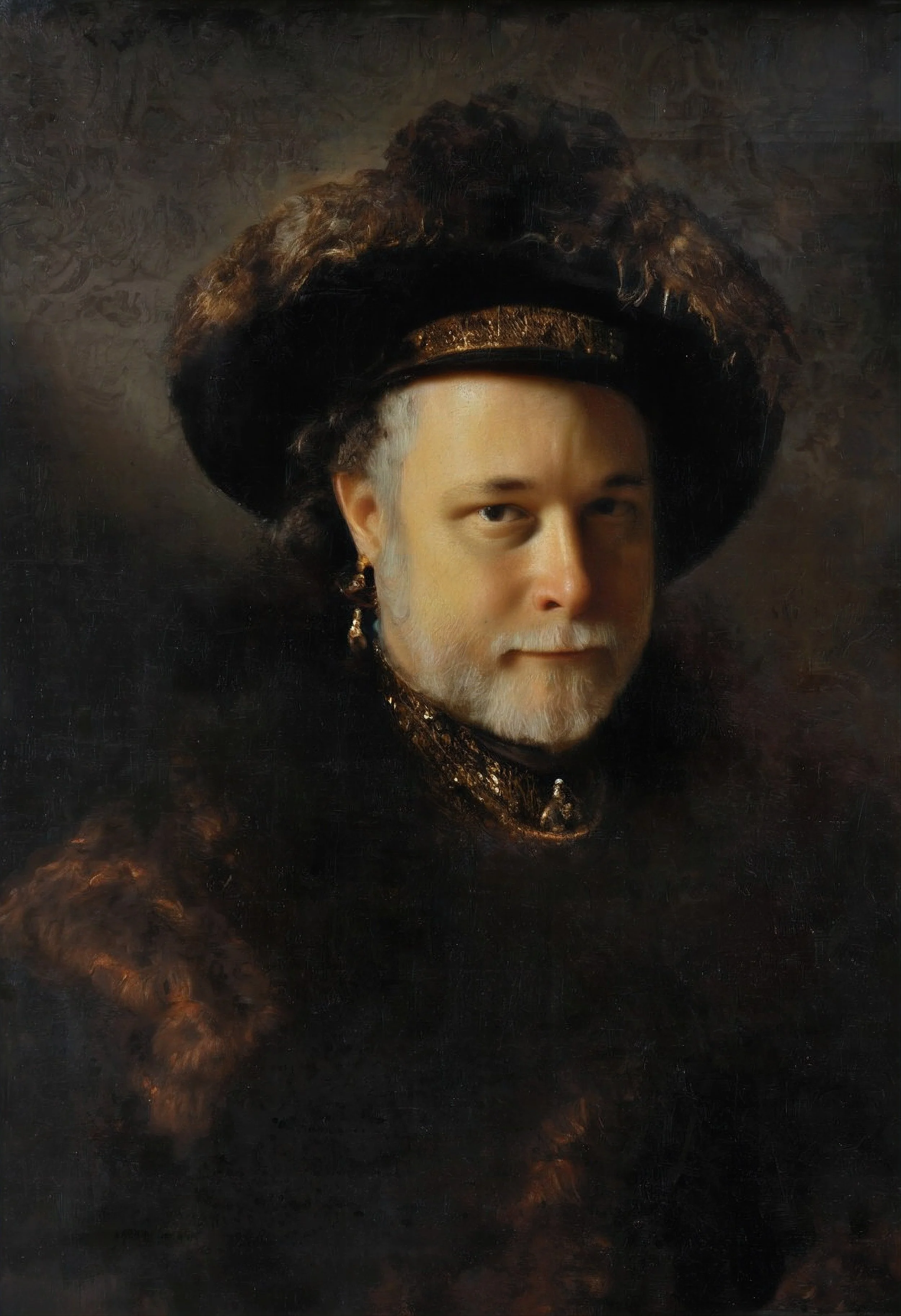 A portrait painting of a person with a human face, wearing a historical hat and attire, with the face slightly modified to include a beard and earrings.