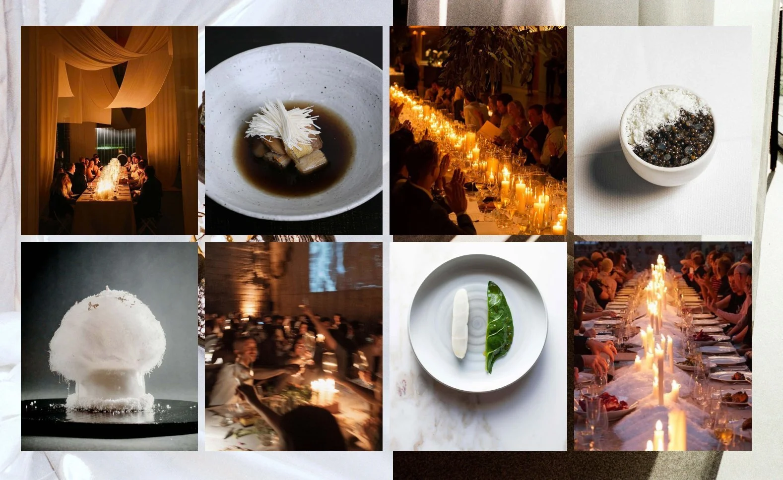 A collage of candlelit long tables, plated dishes and dining scenes at Copain
