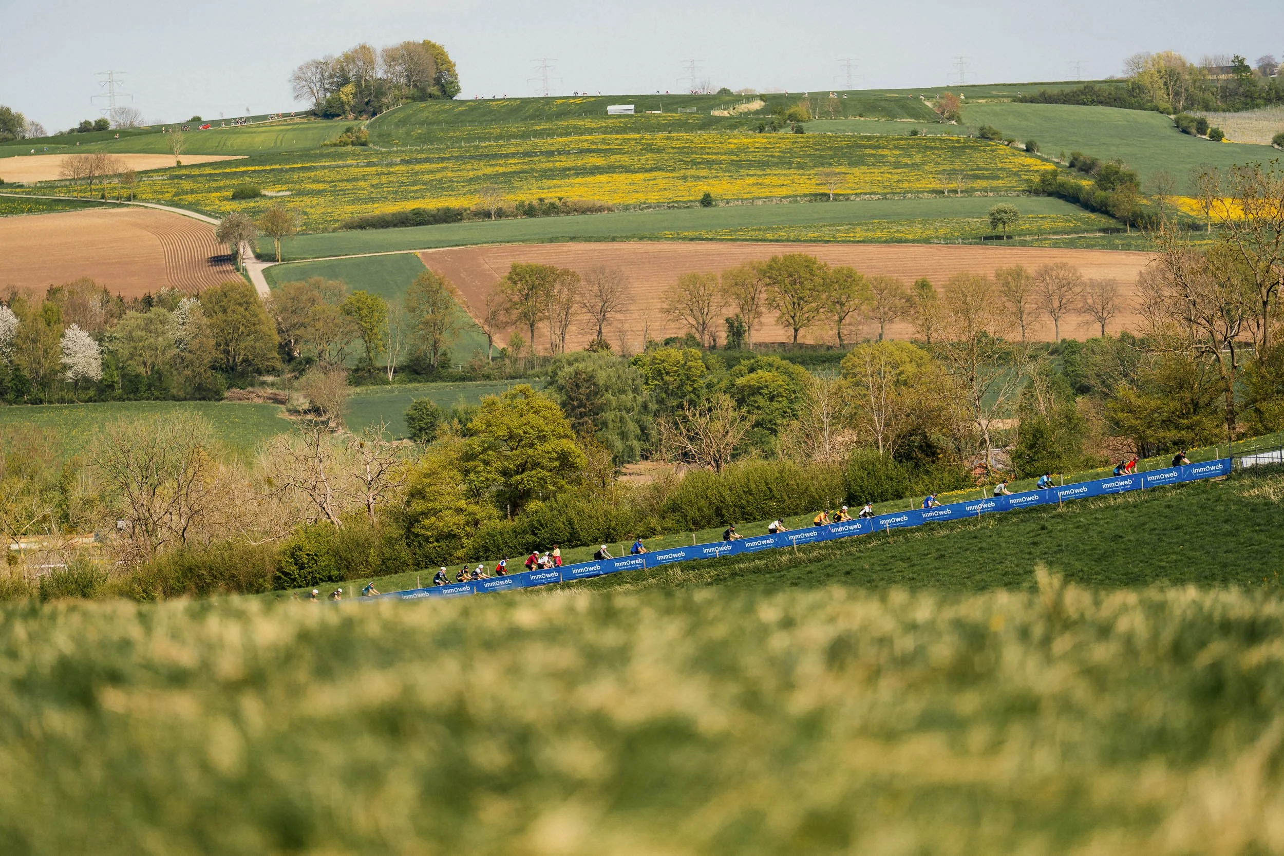 Cyclists riding in a race along a scenic countryside road with rolling hills, trees, and agricultural fields in the background.