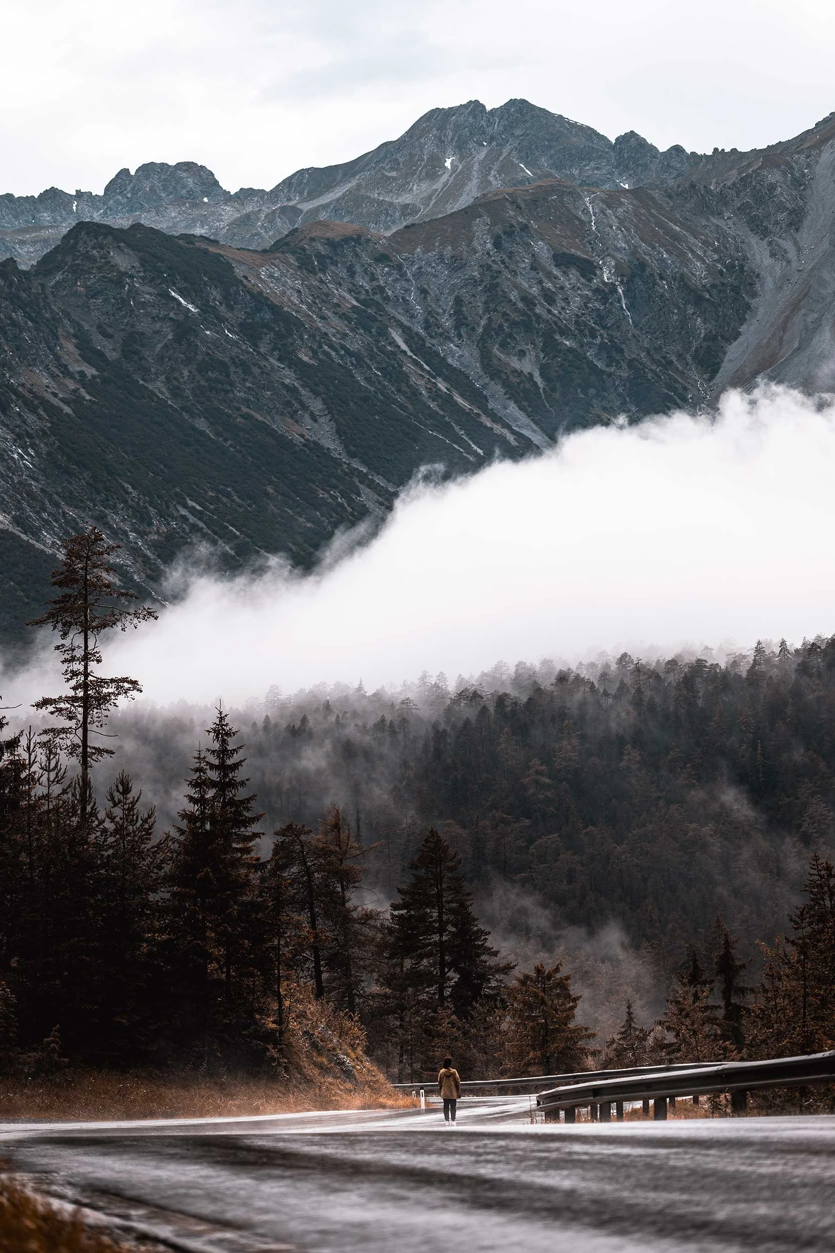 A person walking along a mountain road with dense forest, mist, and mountain peaks in the background.