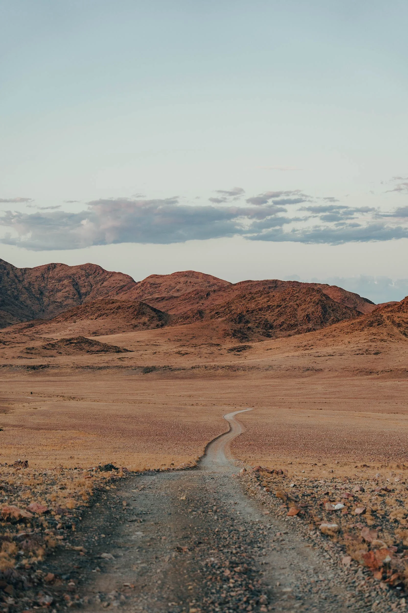 A dirt road winding through a dry, barren landscape with mountains in the background and a cloudy sky.