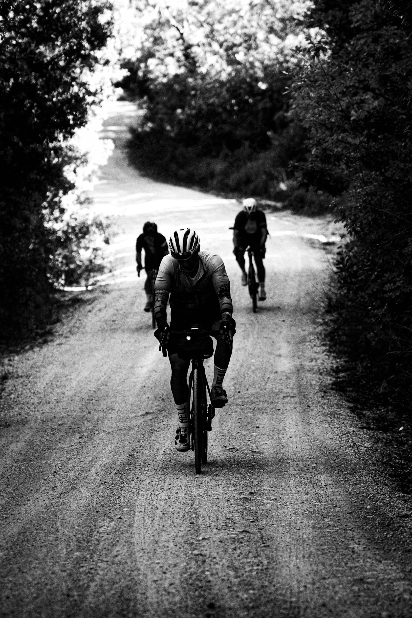 Three cyclists riding along a dirt road through a wooded area, with trees lining both sides, in black and white.