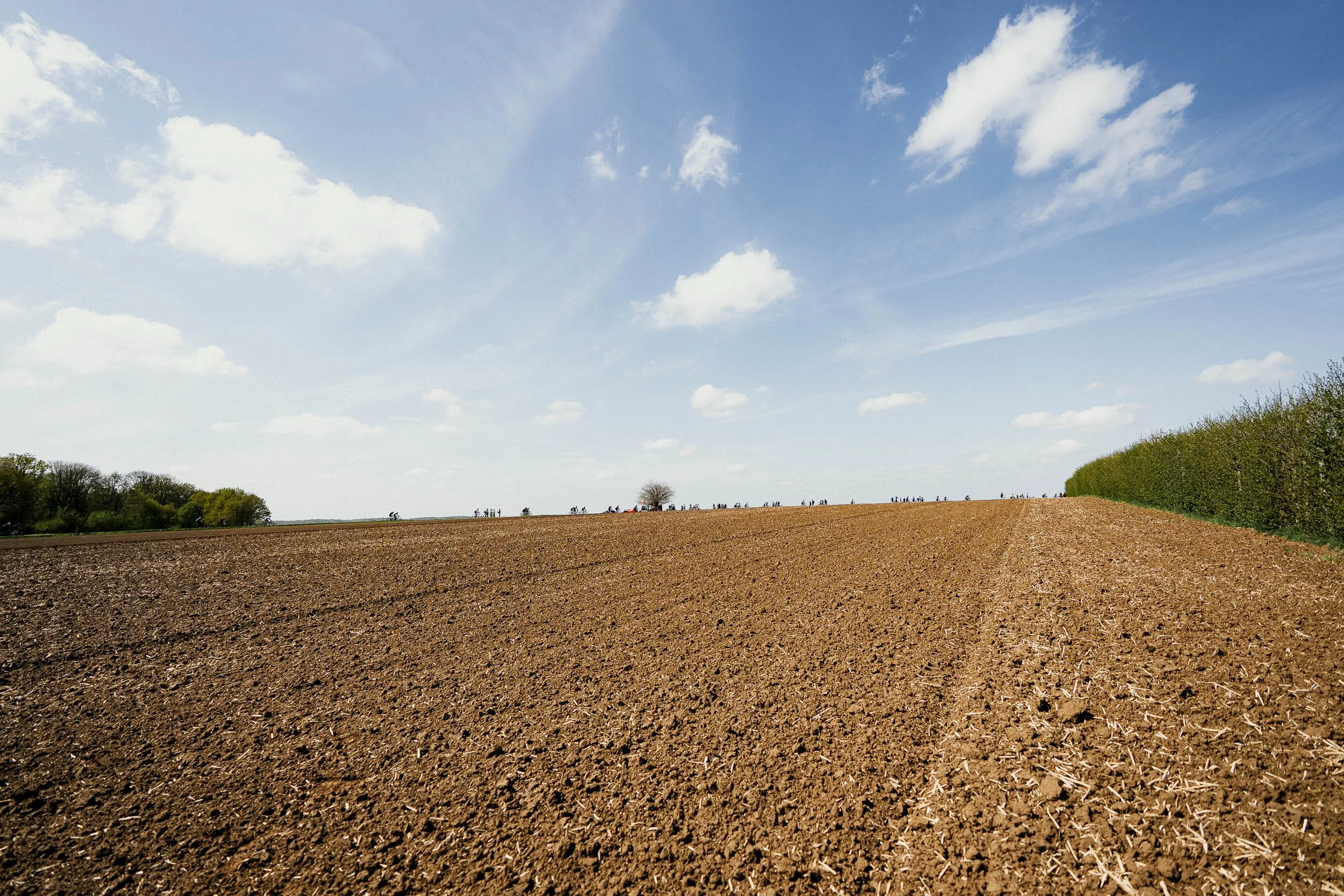 A vast, freshly plowed field under a partly cloudy sky with a line of trees and people riding bicycles on the horizon.