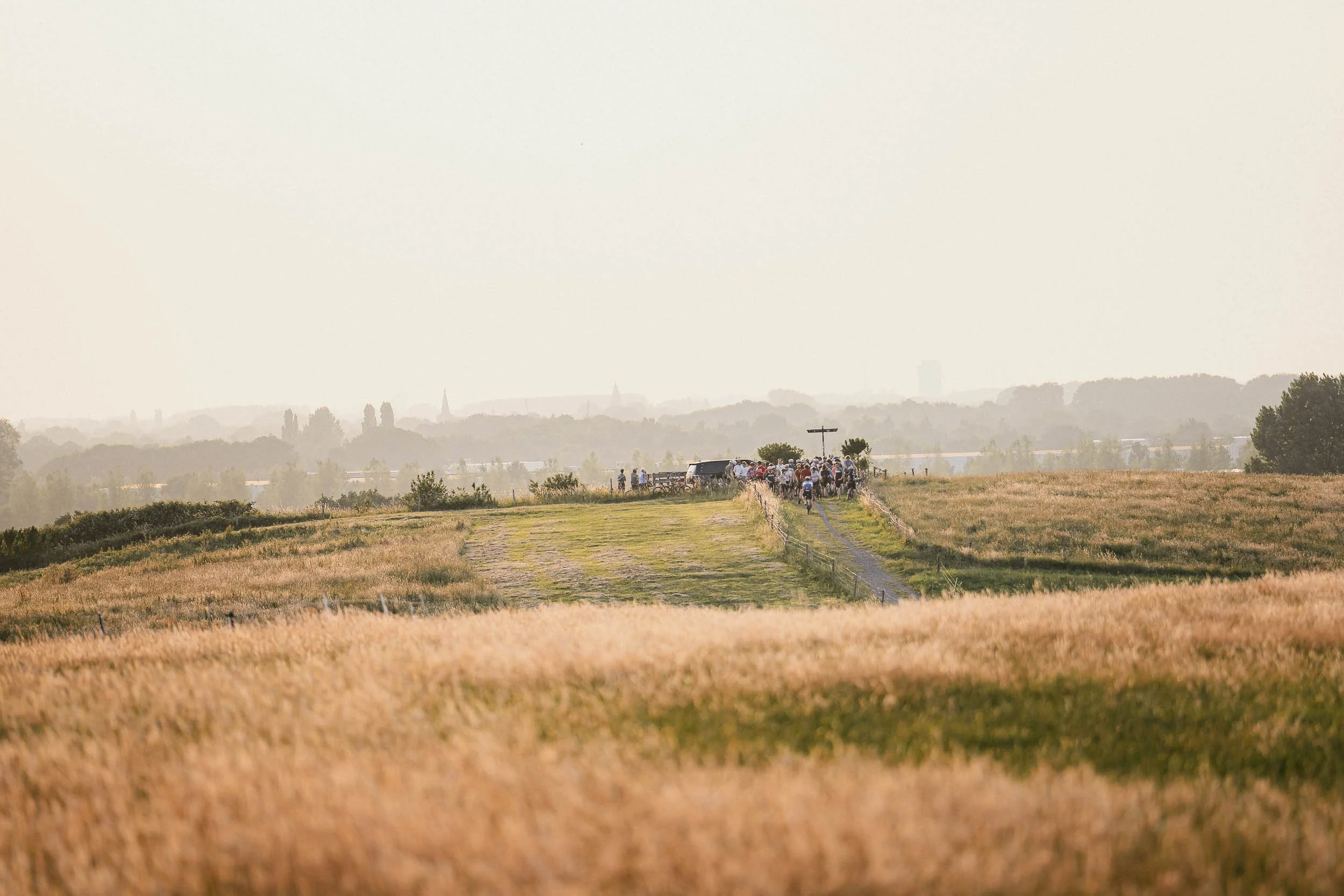 A group of people walking on a narrow path in a rural field with tall grass. (Graveller) )(Canyon)