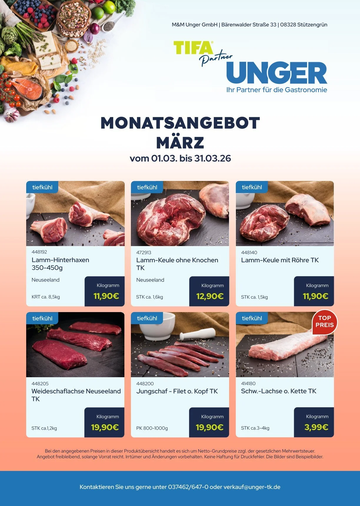 Angebotsübersicht für Fleischsorten im März, inklusive Lammhinterhaxen, Lammkeule ohne Knochen, Lammkeule mit Röhre, Weideschafachse, Jungschaffilet und Schweinelachsens im Angebot.