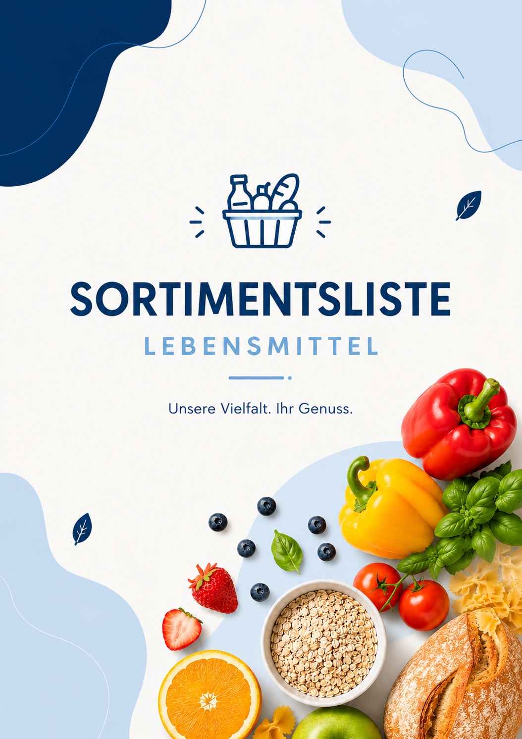 Deckblatt einer Lebensmittelliste mit bunten Gemüsesorten, Obst und Haferflocken auf einer weißen und blauen Fond. Text auf dem Bild: "Sortimentsliste Lebensmittel. Unsere Vielfalt. Ihr Genuss."