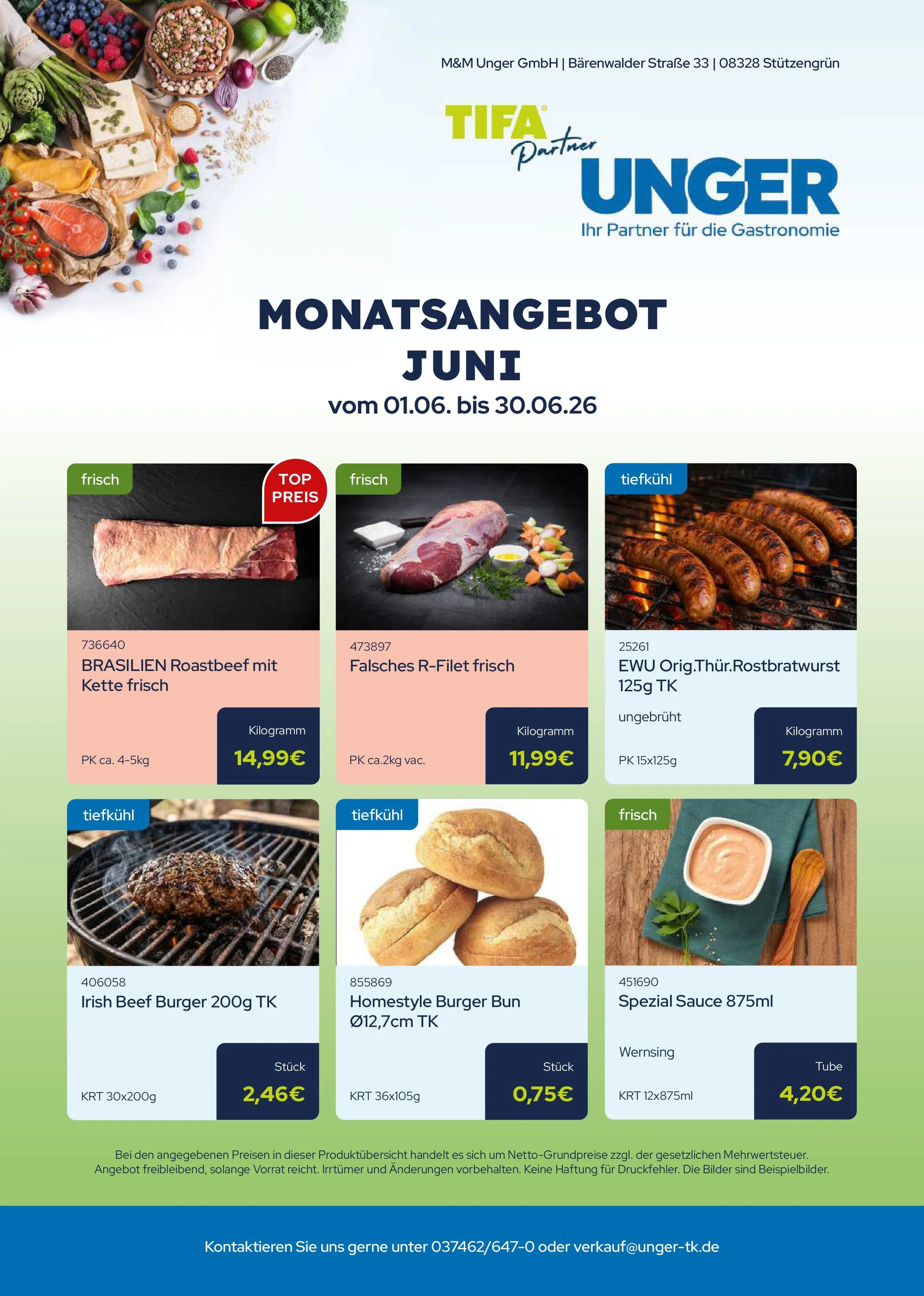 Angebotsübersicht für Juni mit frischen und tiefgekühlten Lebensmitteln, darunter Roastbeef, Rinderfilet, Bratwürste, Irish Beef Burger, Burger Brötchen und Sauce.