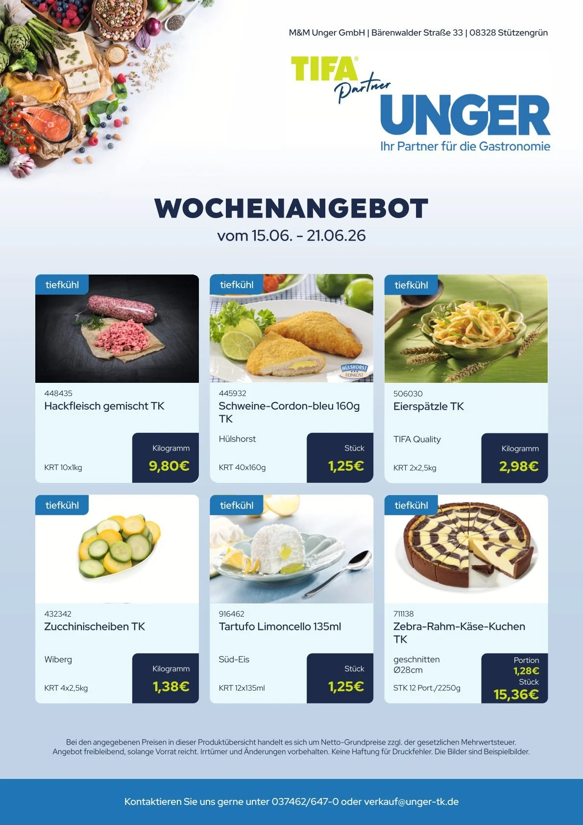 Werbeprospekt mit Lebensmitteln, darunter Hackfleisch, Schnitzel, Eierspätzle, Zucchini, Tartufo Limoncello und Käsekuchen, mit Angeboten für die Woche vom 15.06. bis 21.06.2026.
