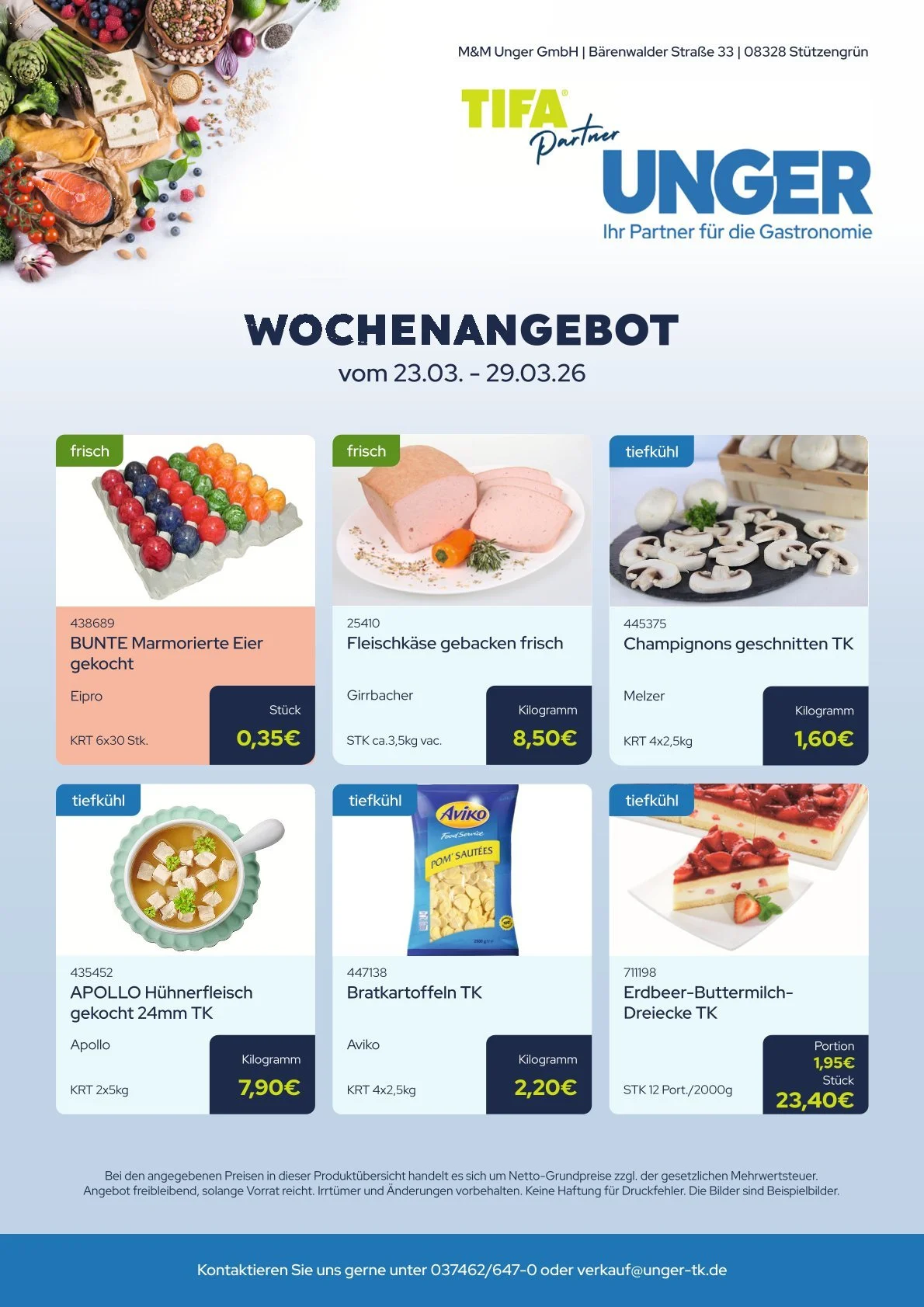 Wochenangebot von TIFA Unger, vom 23.03. bis 29.03.2026, mit verschiedenen Lebensmitteln wie Bunte Marmormierte Eier, frischer Fleischkäse, Champignons, Hühnchenfleisch, Bratkartoffeln, Erdbeer-Buttermilch-Dreiecke, die in Kisten verpackt sind.