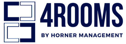 Logo for 4Rooms by Horner Management, featuring the number 4 and the word ROOMS. This logo represents their Property Management division.