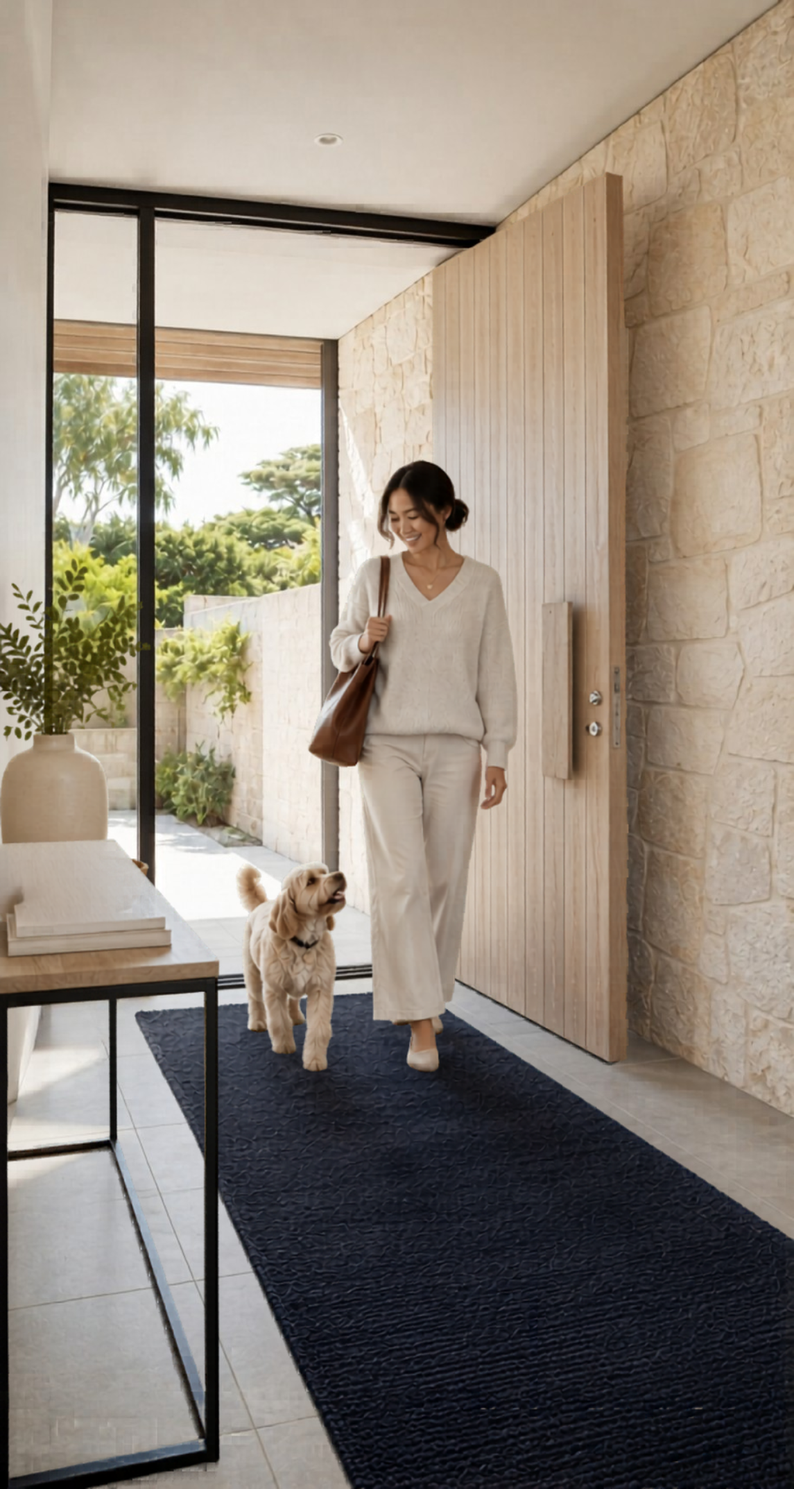 A woman walking into her home with a golden retriever puppy on a dark rug near the entrance.