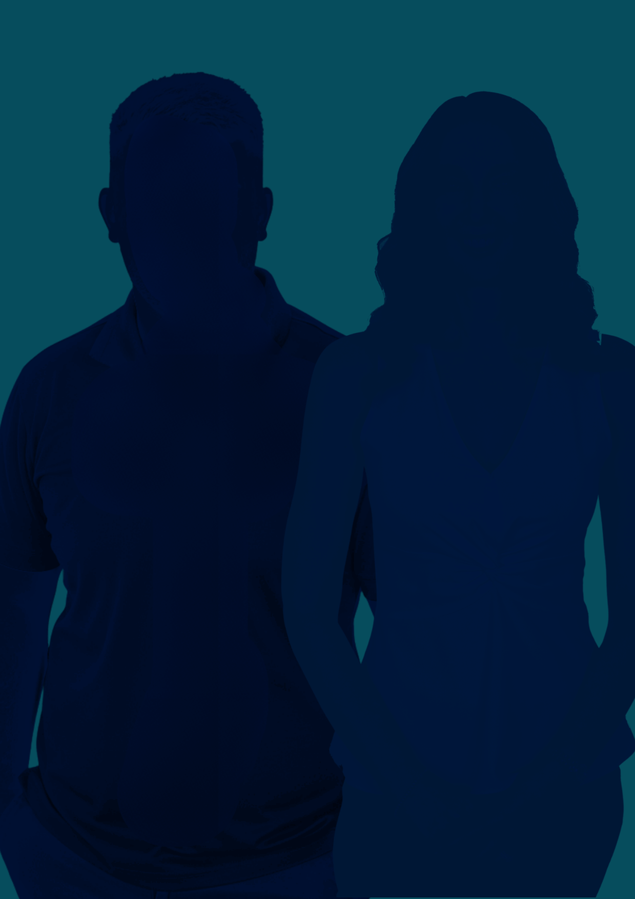 Silhouettes of a man and a woman standing side by side against a teal background.