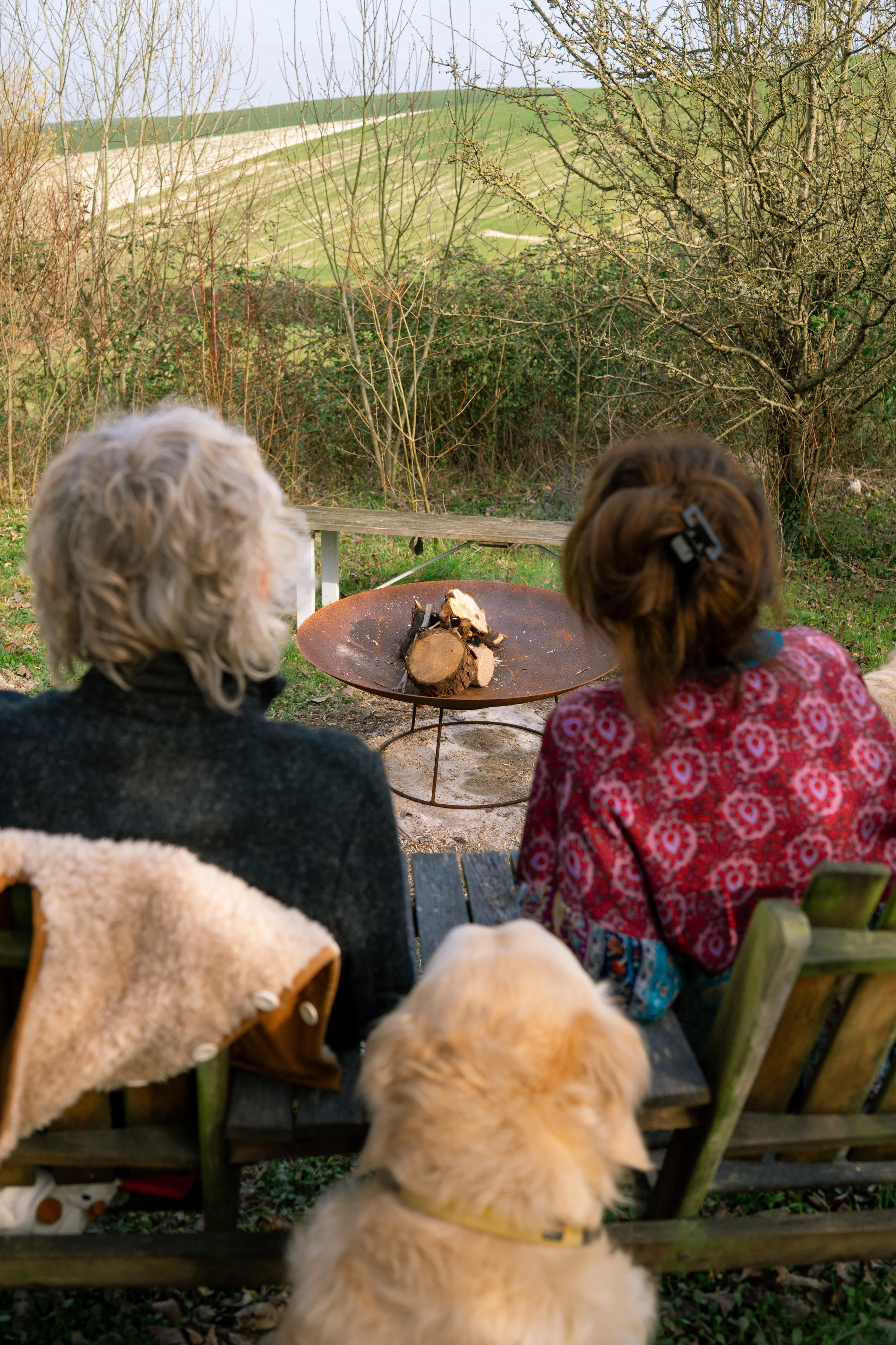 Three women and a dog sit on a wooden bench outdoors, facing away from the camera, near a fire pit with logs, with a landscape of trees and hills in the background.