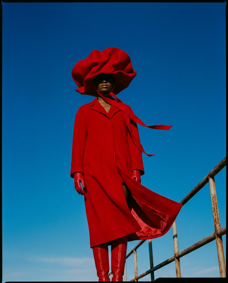 black model in red suit and hat blue sky