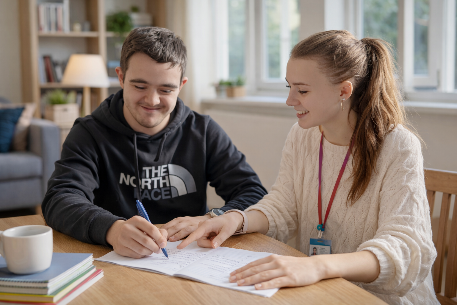 A young man and woman sitting at a wooden table, smiling and working on papers together, with the woman pointing at the paper.