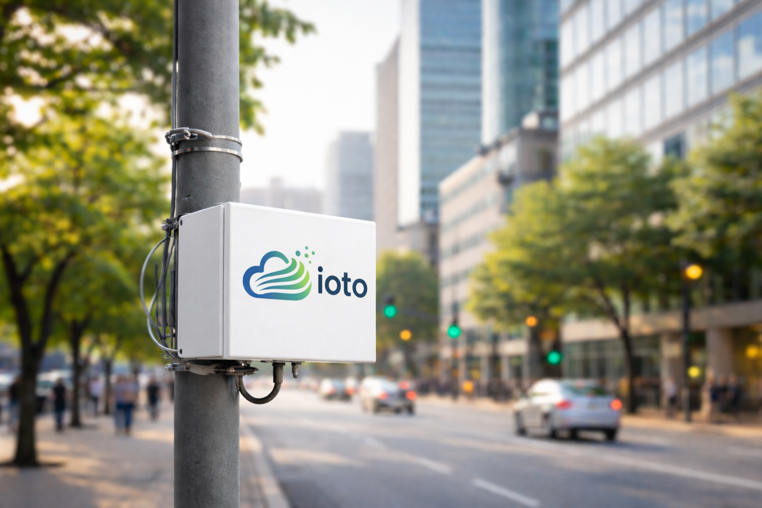 A white box with the IOTO logo attached to a pole on a city street, with buildings, cars, and trees in the background.