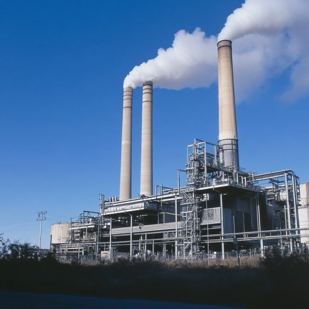 Industrial factory with three tall smokestacks emitting white smoke against a blue sky.