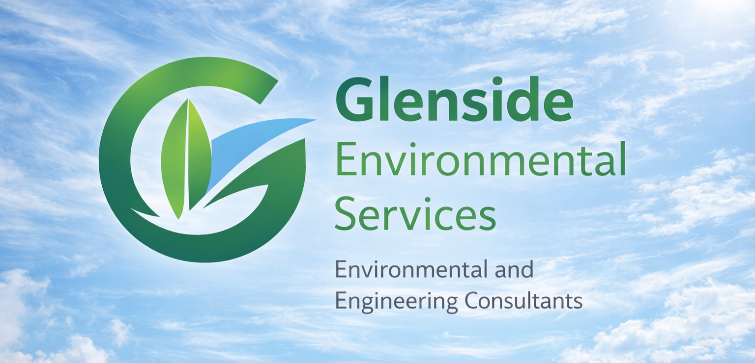 Logo for Glenside Environmental Services with a green and blue leaf design on a sky background, displaying the business name and stating it provides environmental and engineering consulting services.