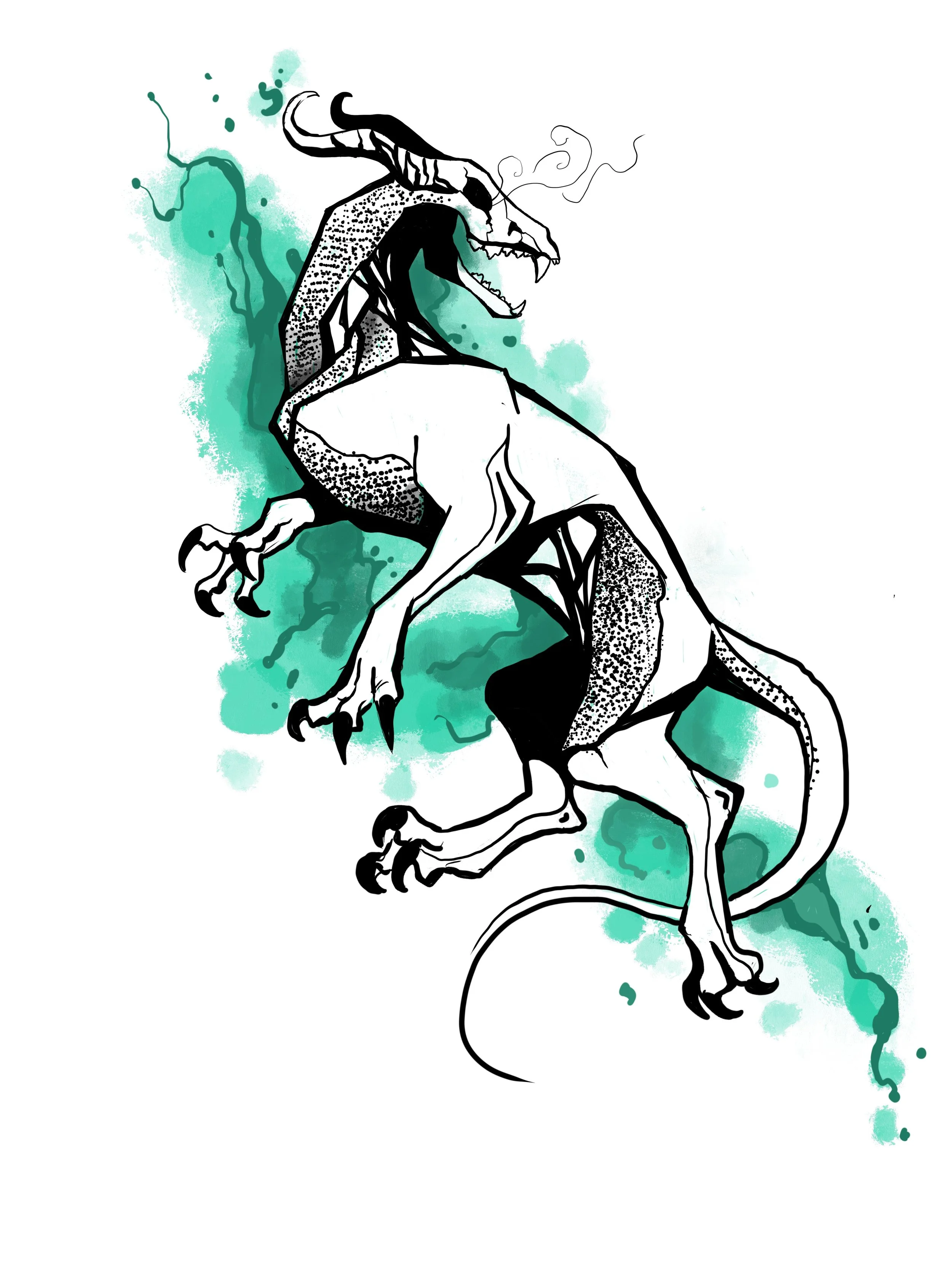 Skizziertes Bild eines Drachen mit aufgemalter grüner Wasserfarbzeichnung im Hintergrund.