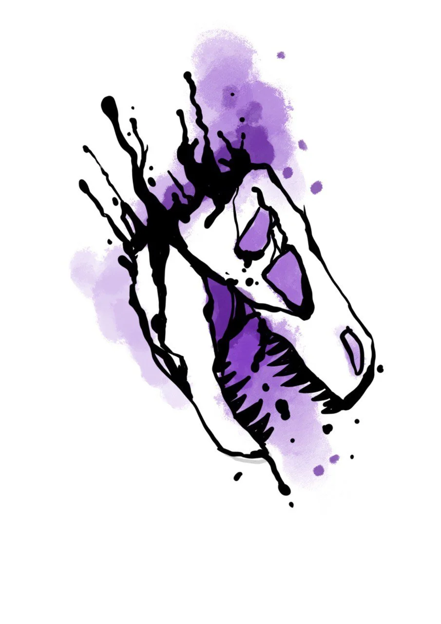 Skizze eines Dinoschädels mit violetten Wasserfarben und schwarzen Linien, abstraktes Kunstwerk.