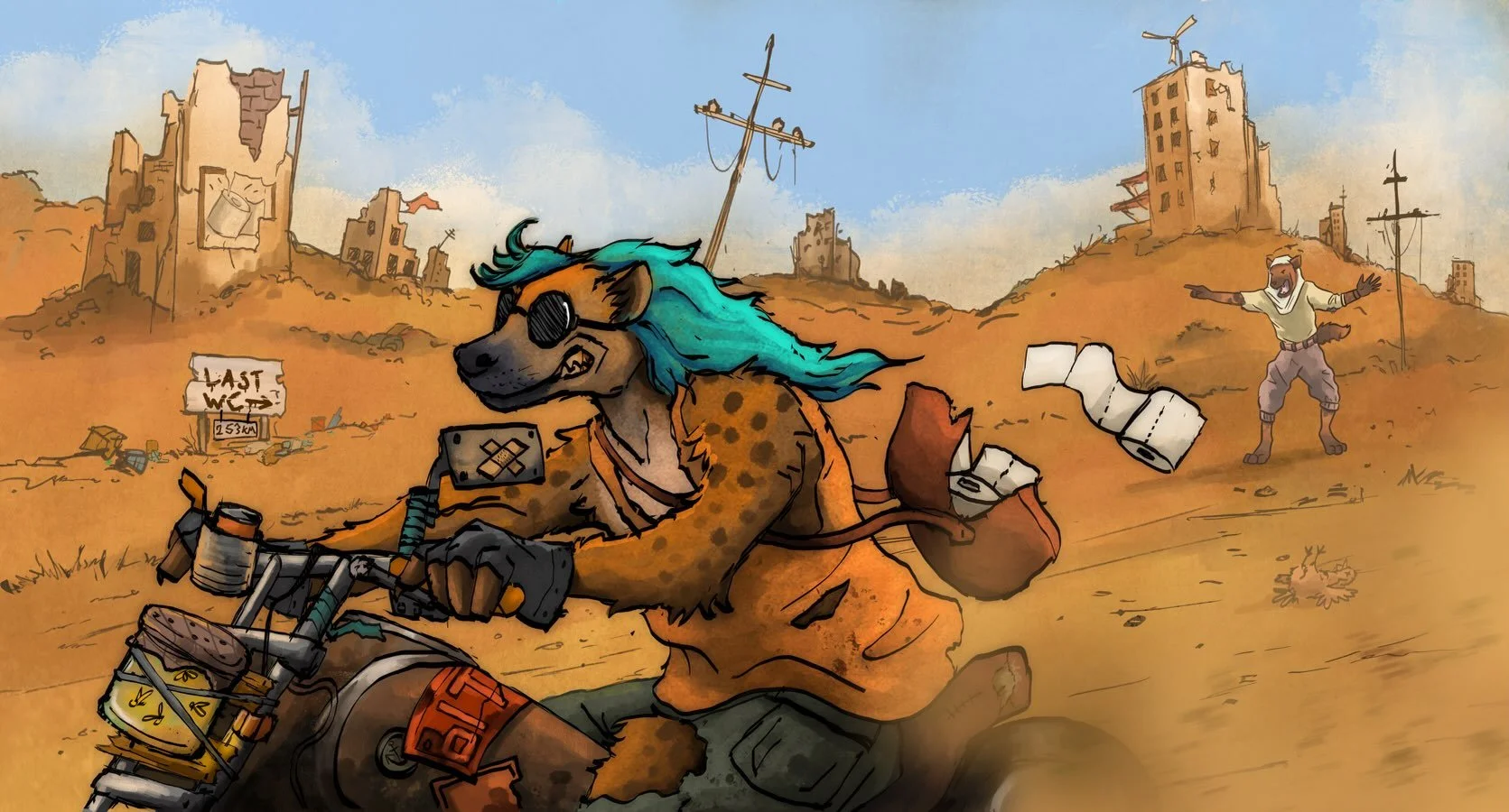&bdquo;German Angst&ldquo; 
Wieder ein postapokalyptisches Thema, diesmal durften das Klopapier aber nicht fehlen 😉
#furryart #hyenafurry #funny #postapocaliptic