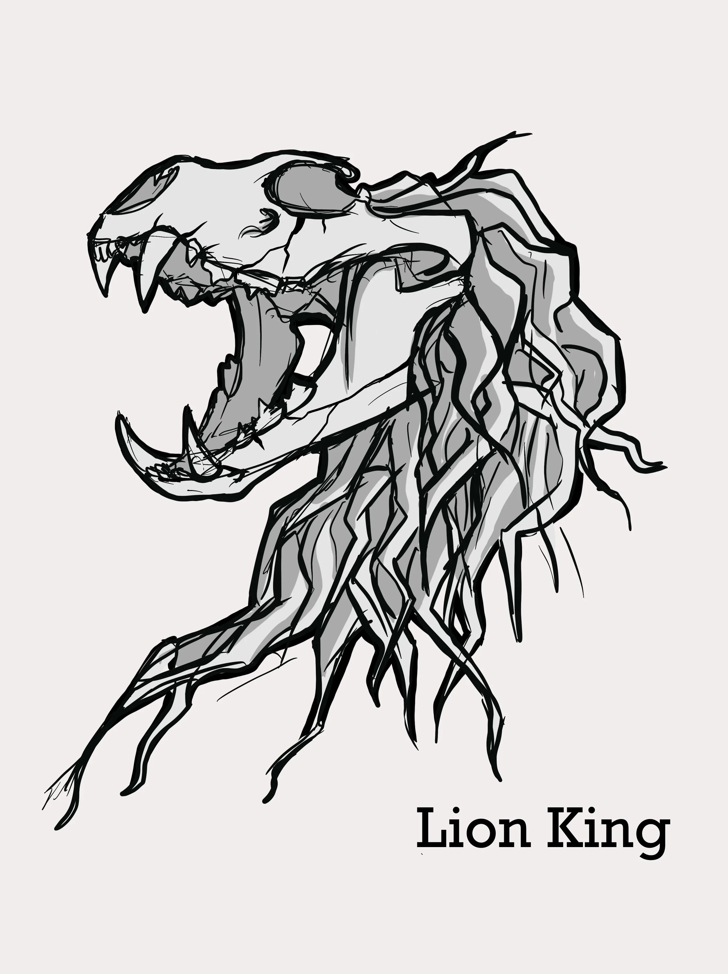 Eine Schwarz-Weiß-Zeichnung eines Löwenschädels mit dem Titel 'Lion King'.
