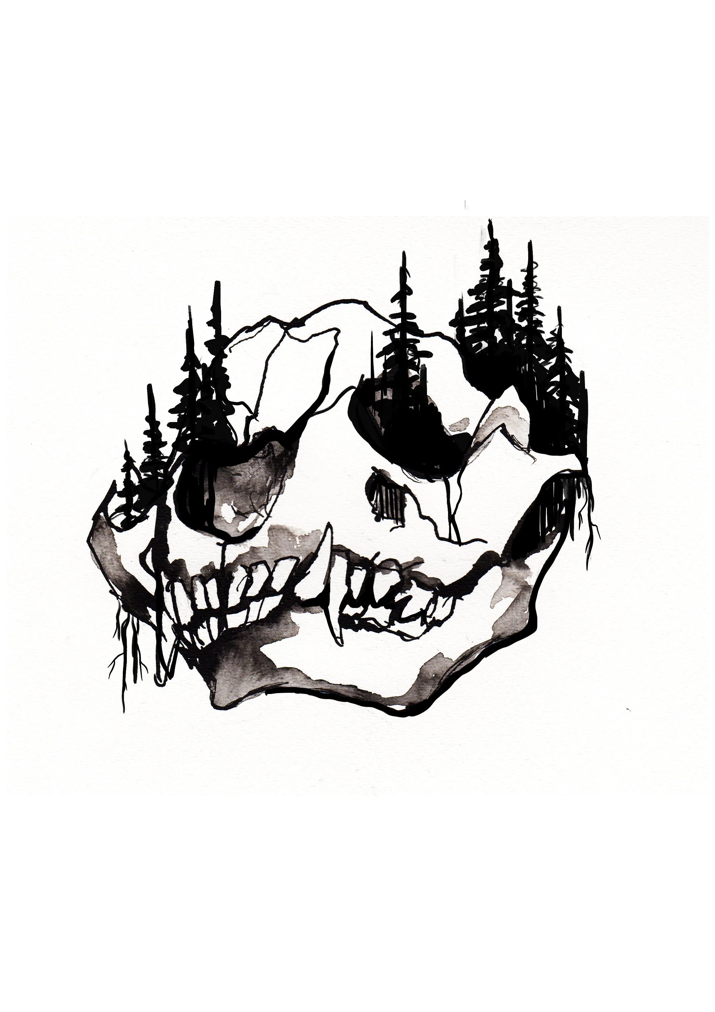Schwarze und weiße Illustration eines Schädels, das Bergketten und Bäume auf seinem Oberkörper trägt.
