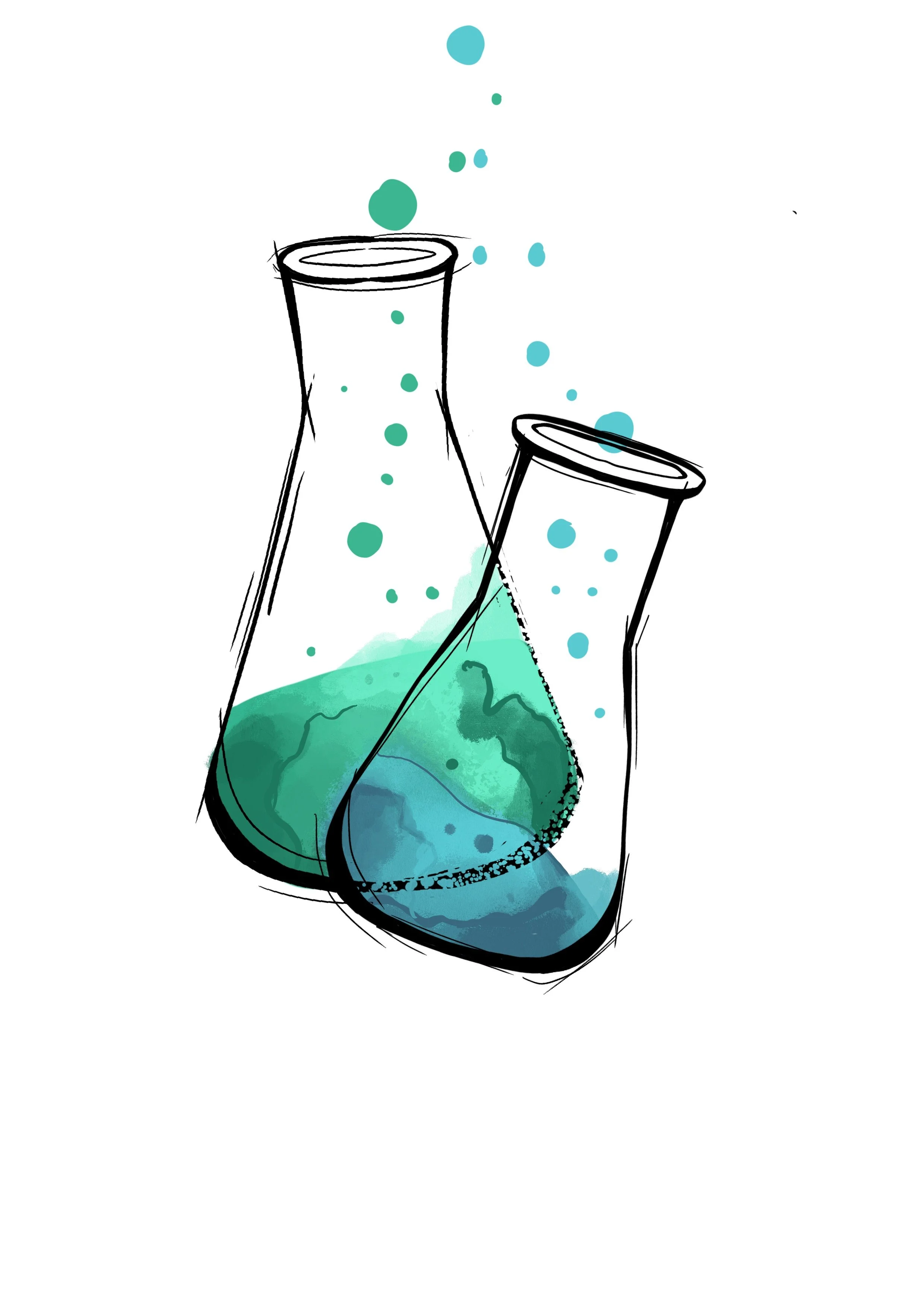 Handgezeichnete Illustration von zwei Laborflaschen, eine mit grünlicher Flüssigkeit und eine mit blauer Flüssigkeit, mit Blasen steigen auf.