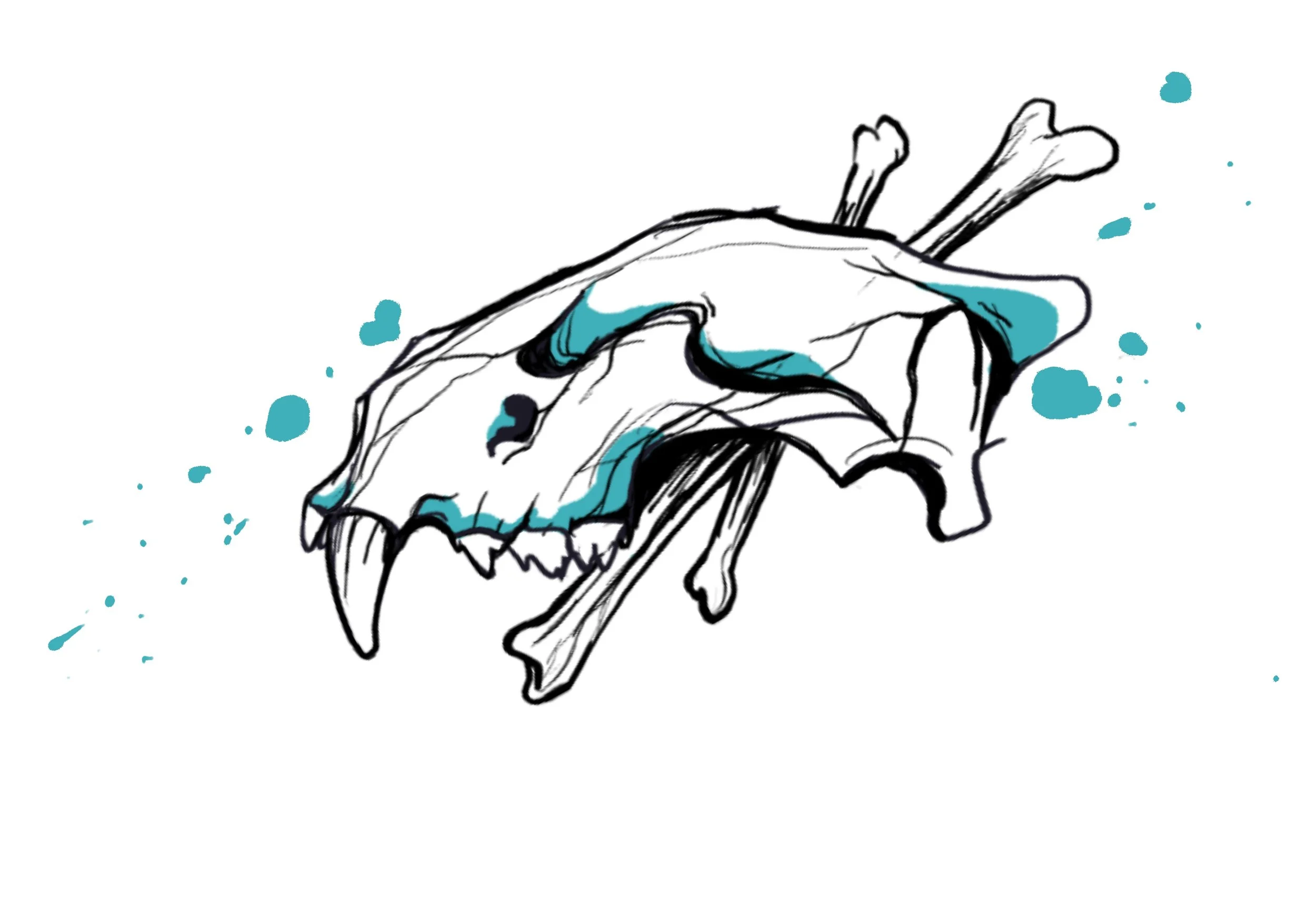 Skizzierte Dinosaurierschädel mit blauen Farbspritzern