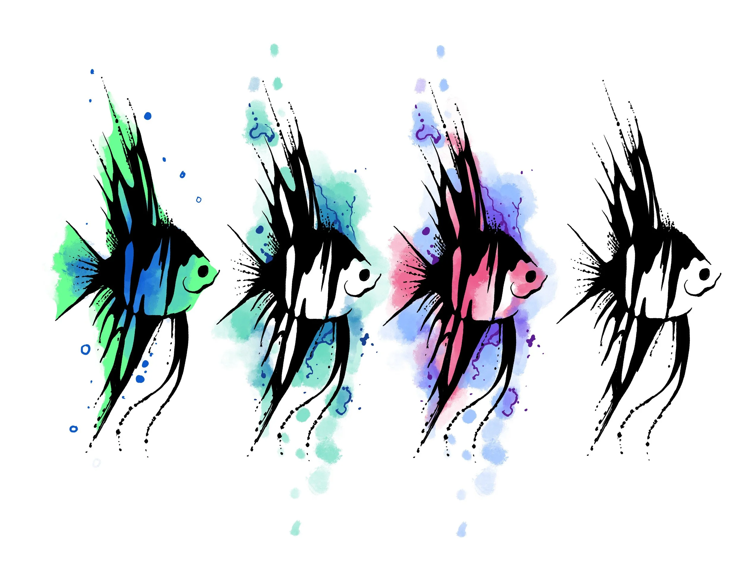 Skalar Fische und farbigen Wasserflecken in Grün, Blau, Pink und Lila, verteilt auf weißem Hintergrund.