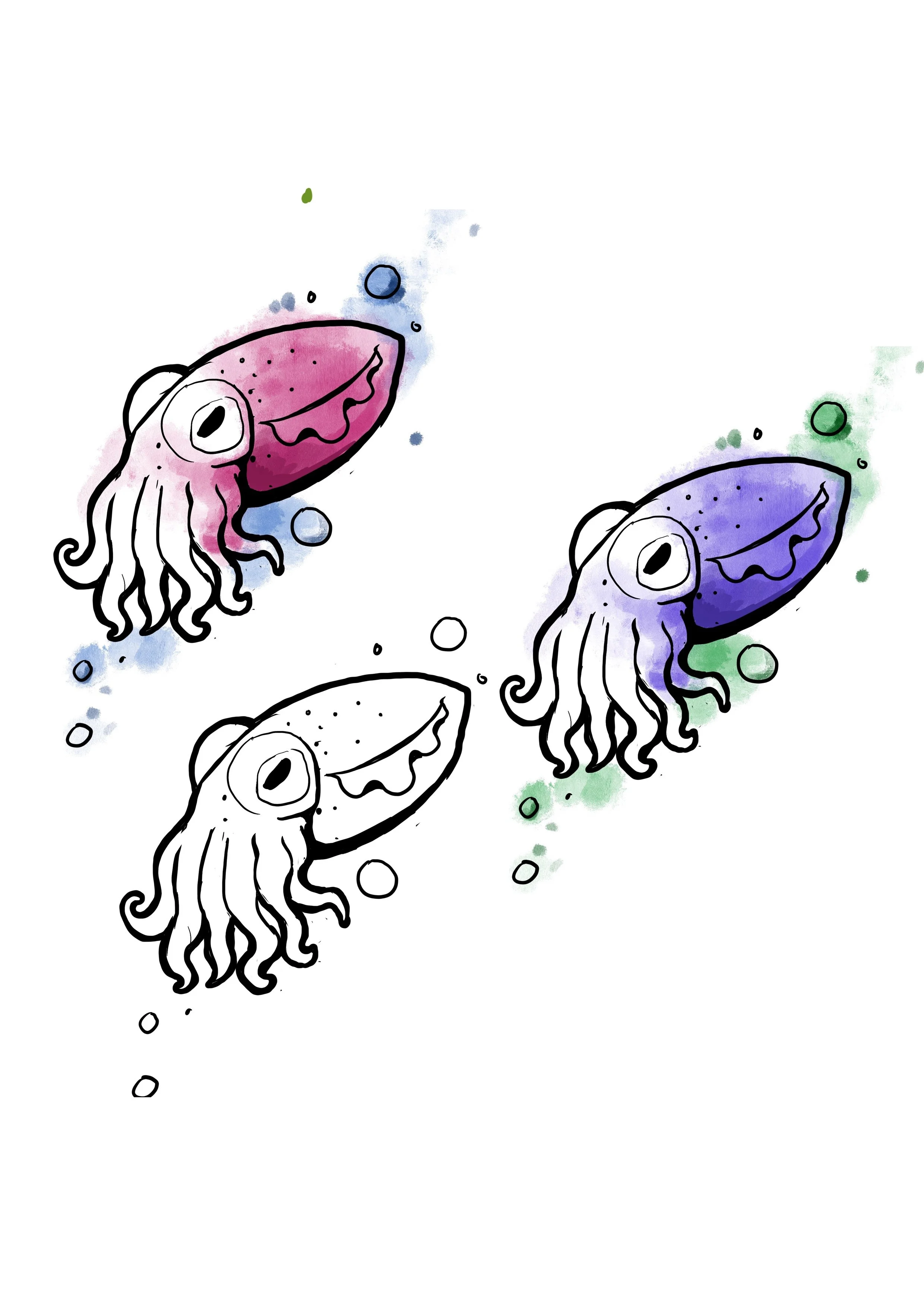 Aquarellzeichnung von bunten Tintenfischen, schwarz umrandet, mit bunten Farbklecksen im Hintergrund auf weißem Grund.