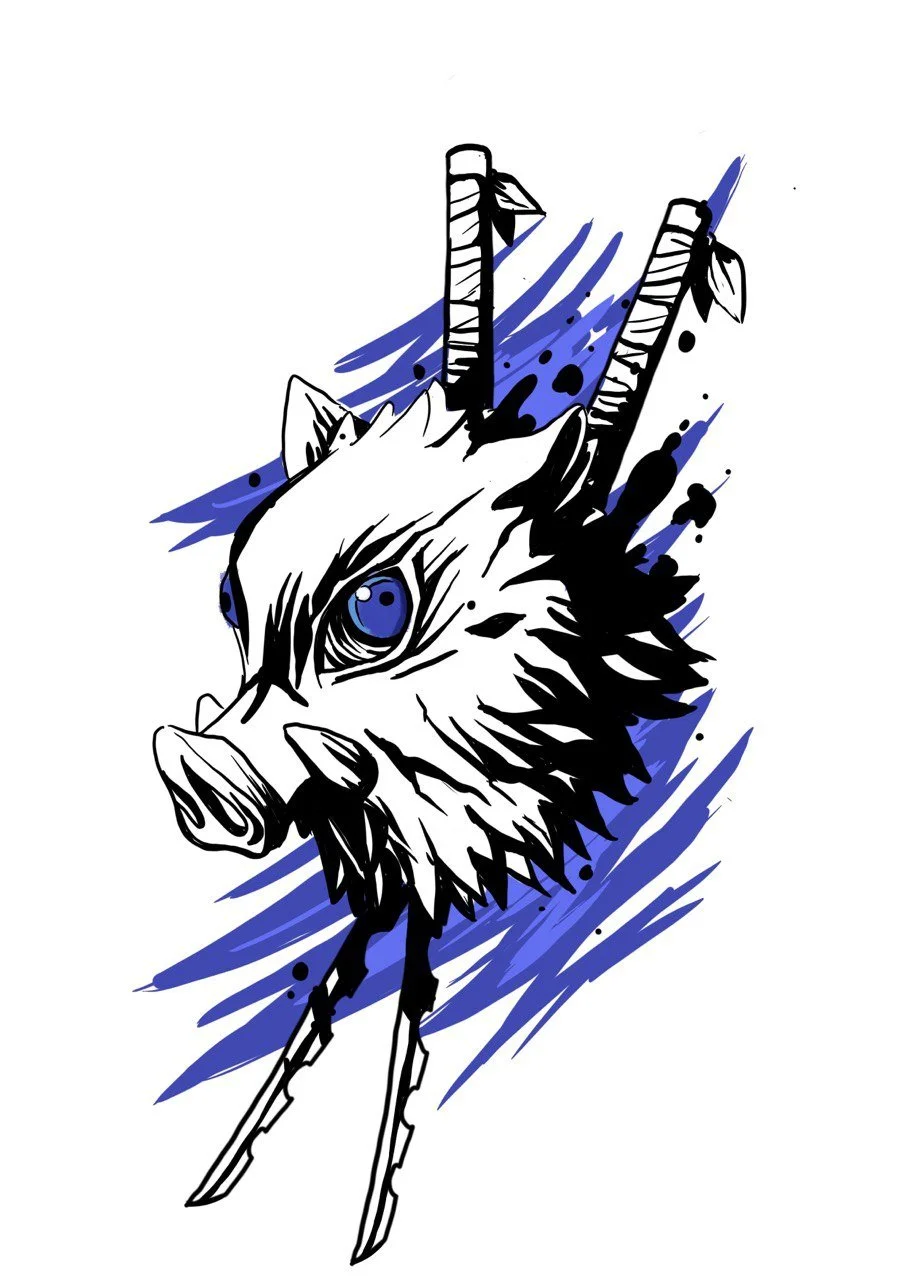 Illustration eines Tierkopfes, das ein wildes Schwein darstellt, kombiniert mit zwei Schwertern, urbanen Kunststil mit blauen Akzenten.