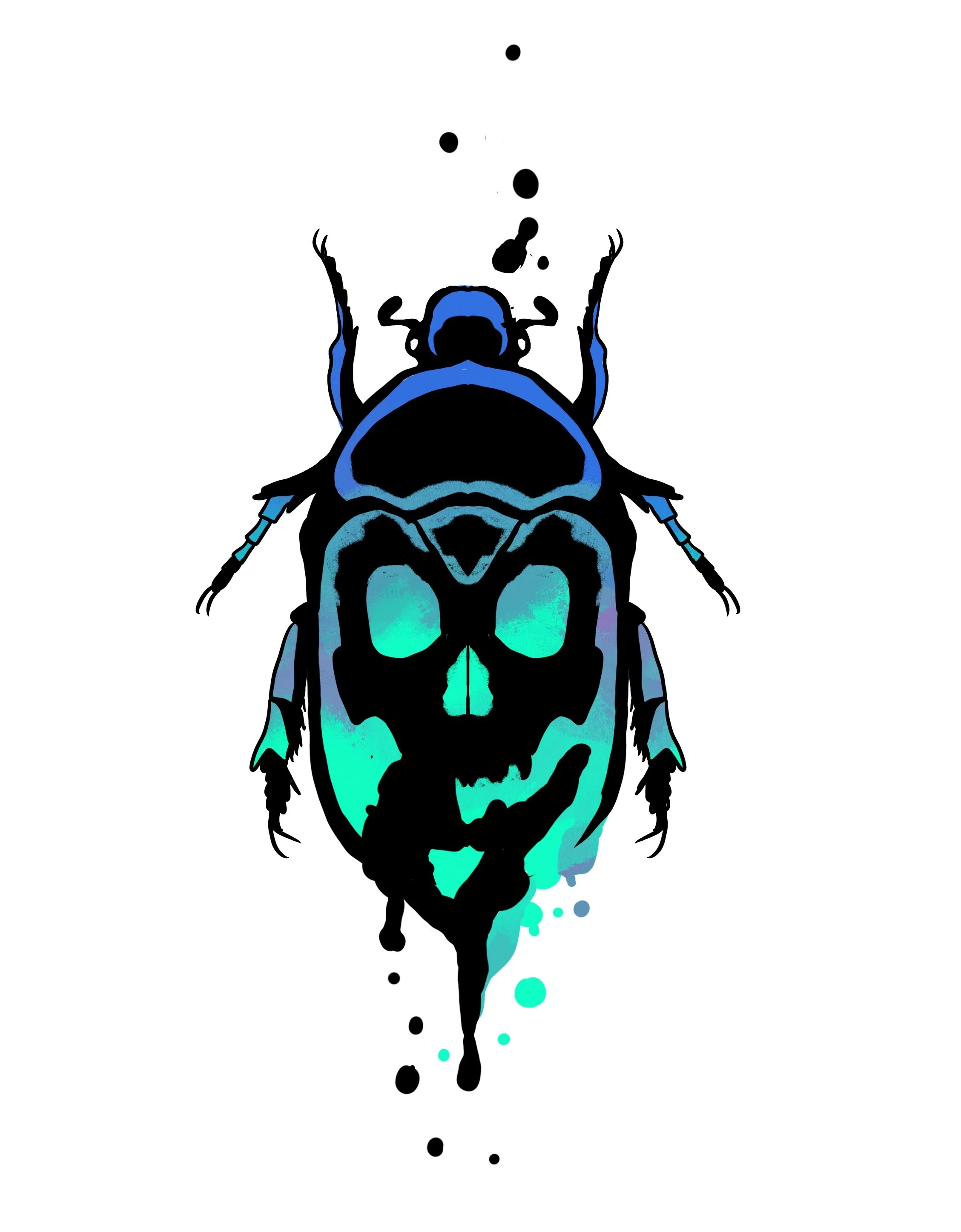 Ein stilisiertes, symmetrisches Bild eines Käfers mit blauen und schwarzen Konturen. Es sieht aus wie eine digitale Illustration mit Farbabstufungen und Farbverläufen, vor einem weißen Hintergrund.