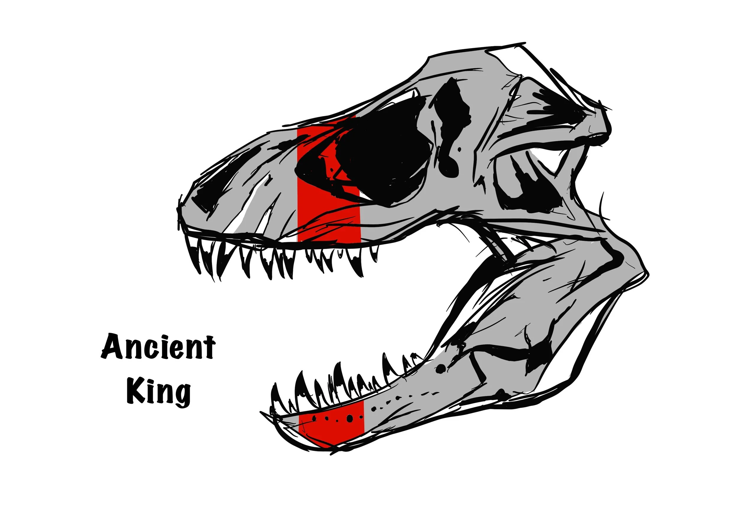 Skizze eines Dinosaurierschädels, mit rot markiertem Bereich im Kiefer, und der Beschriftung "Ancient King".