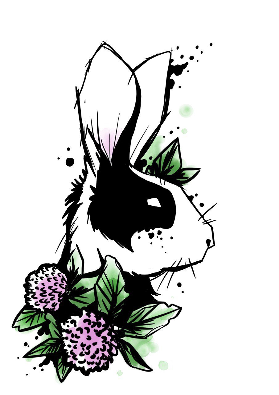 Skizze eines Kaninchens mit Blumen und Blättern im Aquarell-Stil.