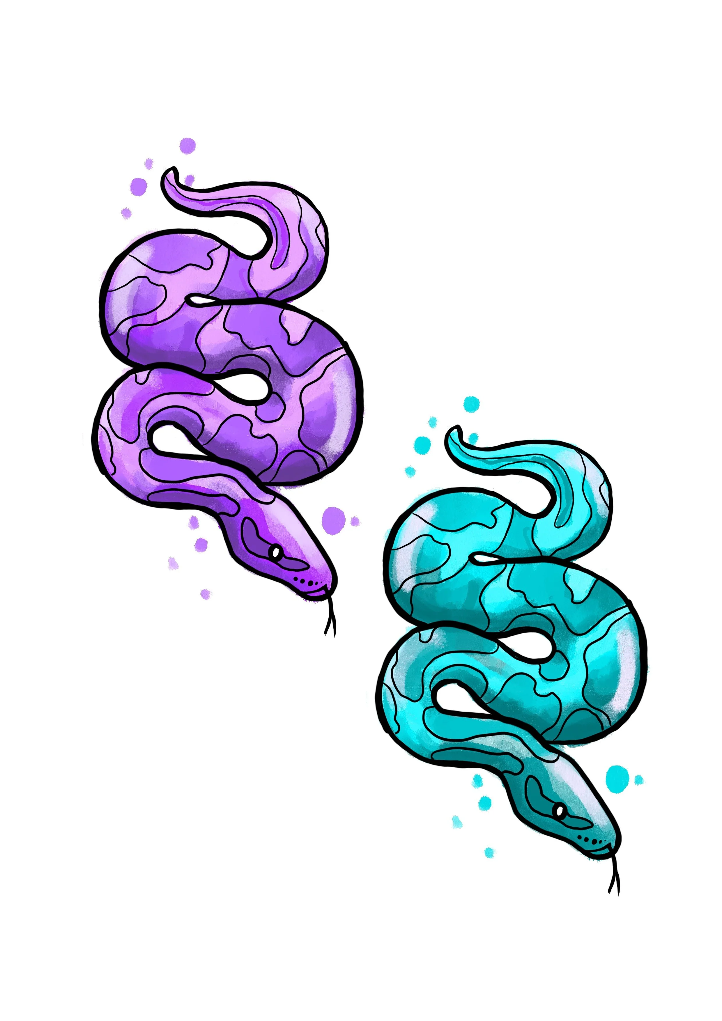 Digitales Kunstbild mit zwei Schlangen, eine in Violett und eine in Blau, auf weißem Hintergrund. Die Schlangen sind stilisiert mit schwarzen Umrissen und Muster, umgeben von kleinen bunten Punkten.