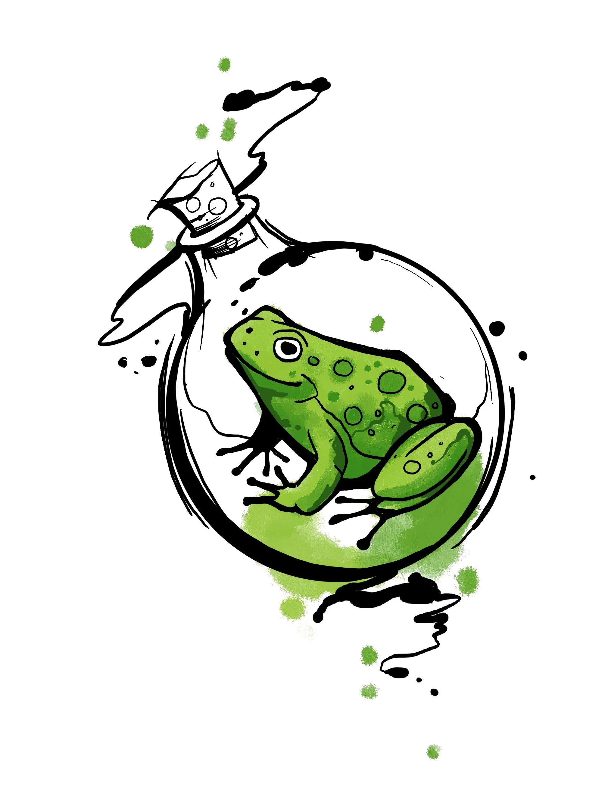 Skizze eines Glases mit einem Frosch, der darin sitzt, umgeben von grünen Farbklecksen.