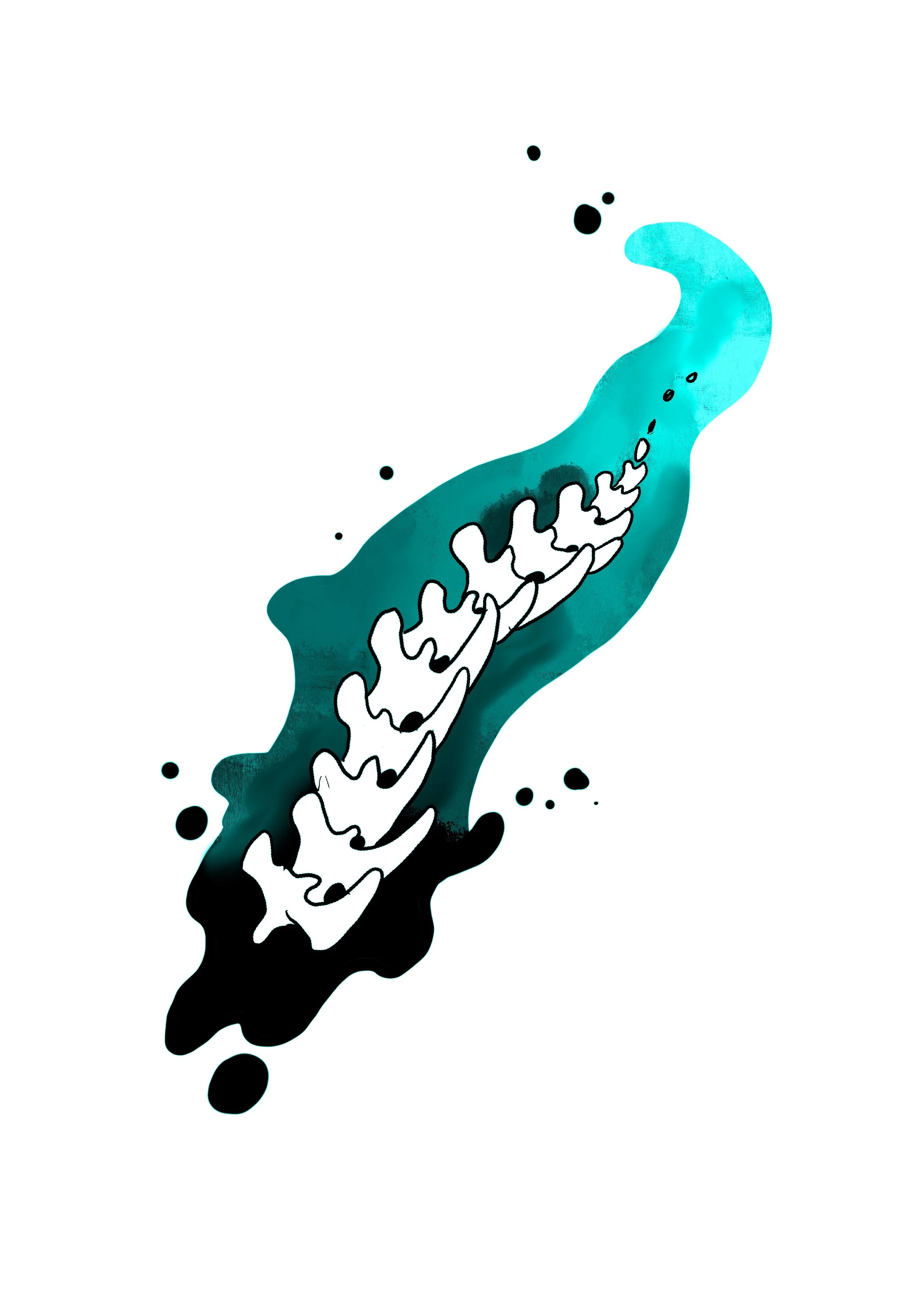Abstrakter Wasserfarbenschwung in Blau- und Schwarztönen mit schwarzen Farbtropfen, die nach oben aufsteigen.
