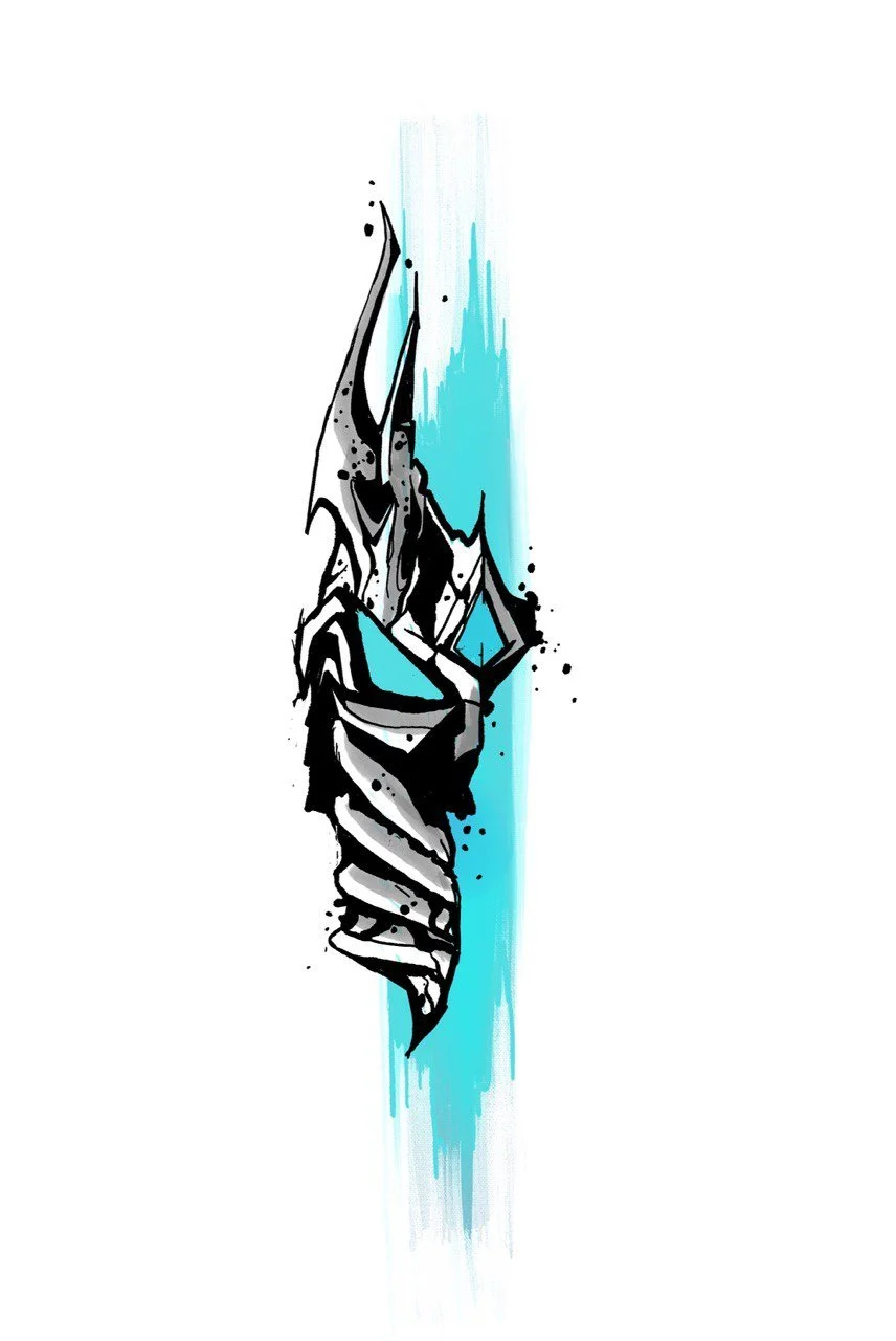 Tattoomotiv Arthas halbierter Helm in Schwarz, Weiß und Blau auf weißem Hintergrund