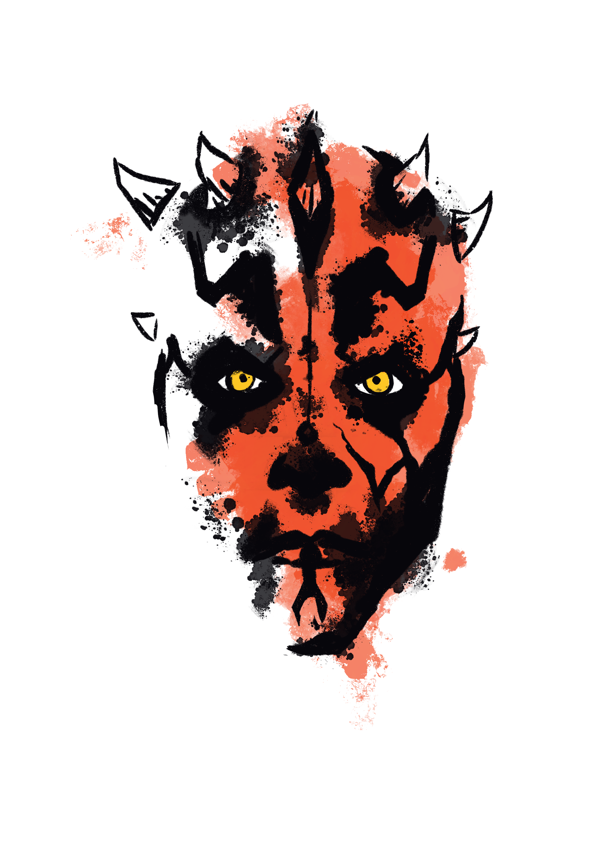 Kunstvolles Porträt eines Zabraks das mit Aquarelltechnik in Schwarz, Orange, und Gelb gestaltet ist.