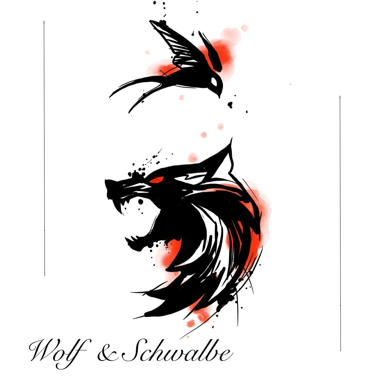 Schwarz-weiße Tattoo-Illustration eines Wolfes und einer Schwalbe mit roten Akzenten, darunter der Text 'Wolf & Schwalbe'.
