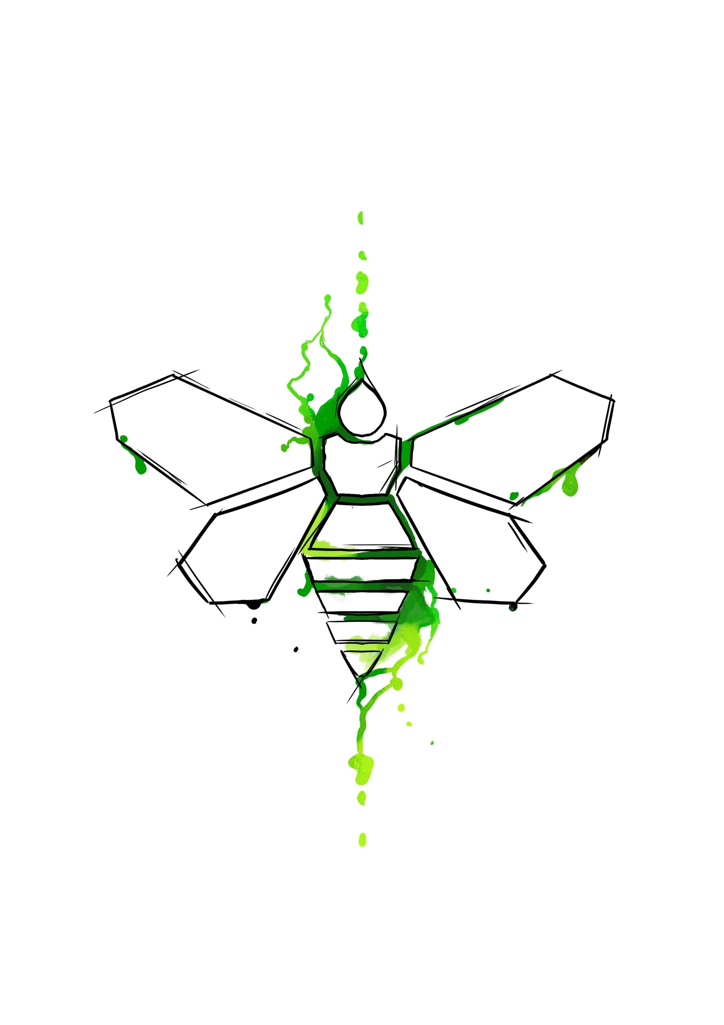 Skizze einer Biene mit grüner Farbe, schwarzem Umriss und grün getränktem Körper, mit grünen Tintenflecken und Spritzern