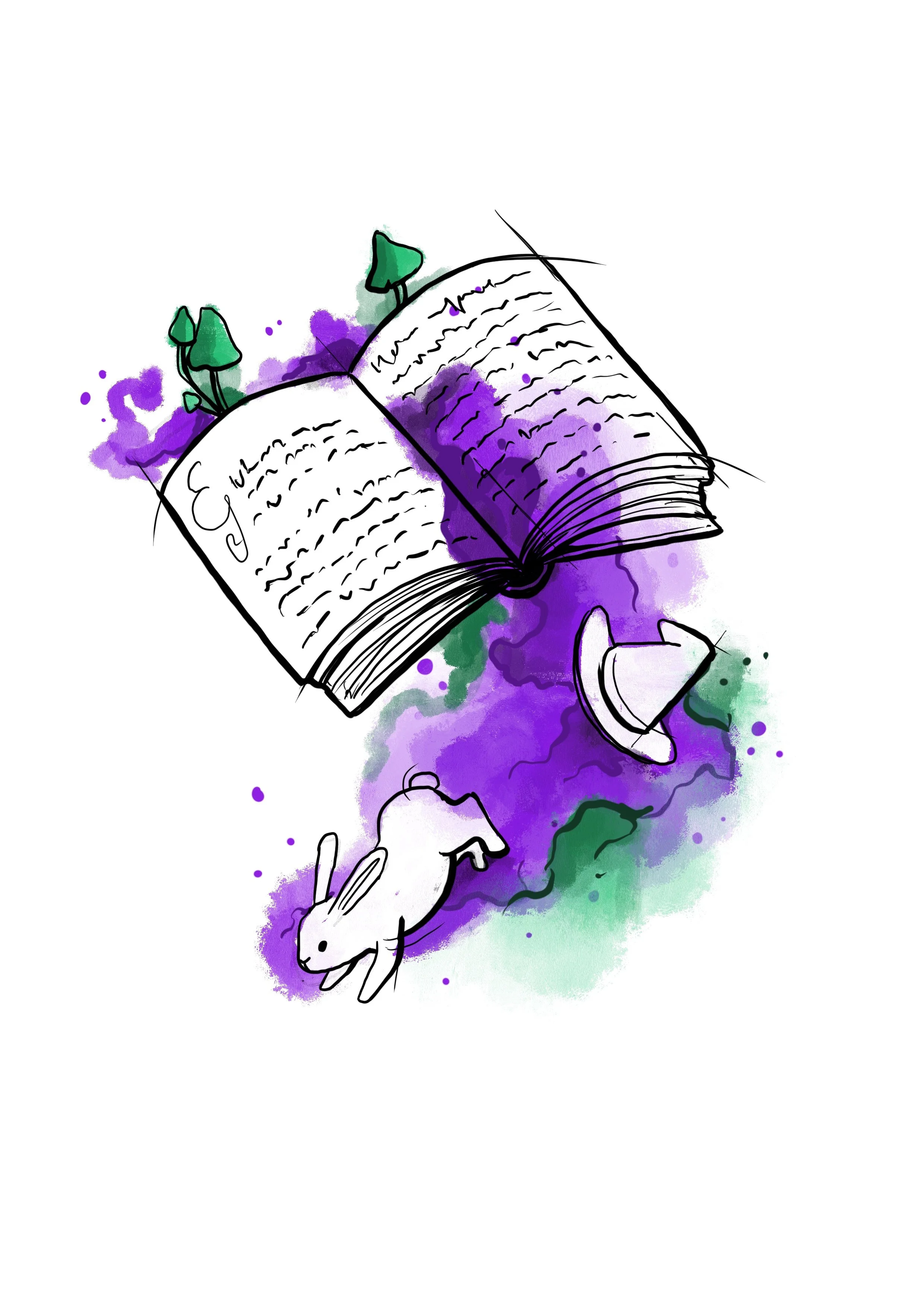 Skizze eines offenen Buches mit Wasserfarben in den Farben Lila, Grün und Blau, umgeben von Hasen und Pflanzen.