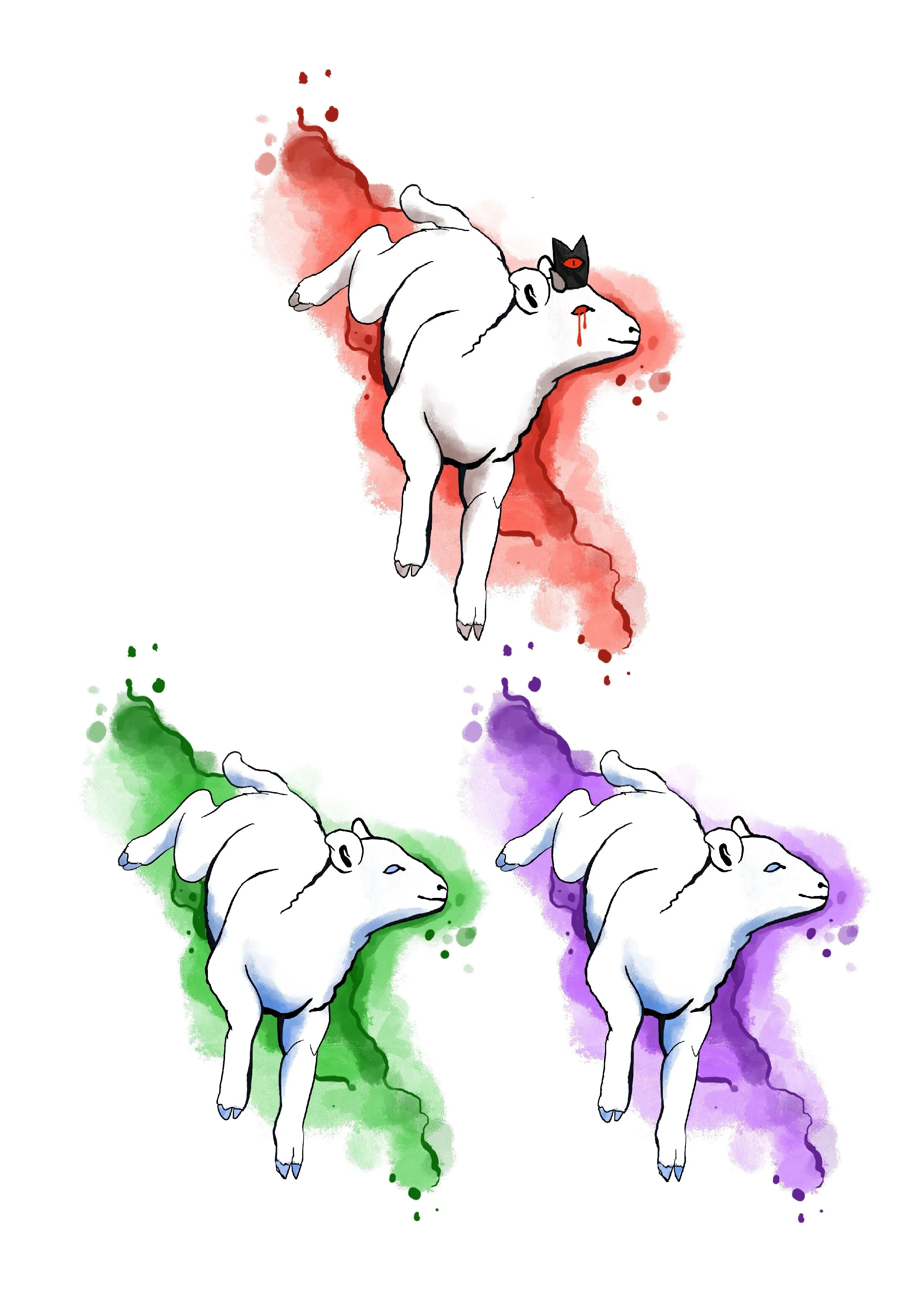 Eine Illustration von drei weiße Schafen mit blauen Hufen, die auf bunten Wasserfarbenflecken liegen, mit roten, grünen, violetten und blauen Farbklecksen im Hintergrund.