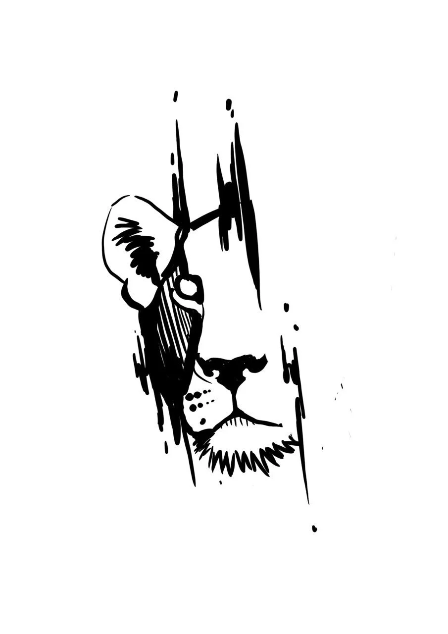 Schwarz-weiß-Illustration eines Löwenkopfes, halbe Seite mit tiefen Linien und kräftigen Konturen, minimalistischer Stil.