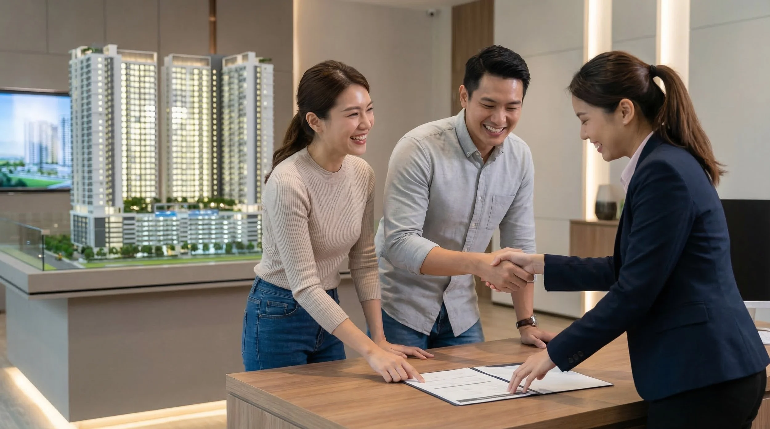 a couple at a property showroom signing a deal buying a unit