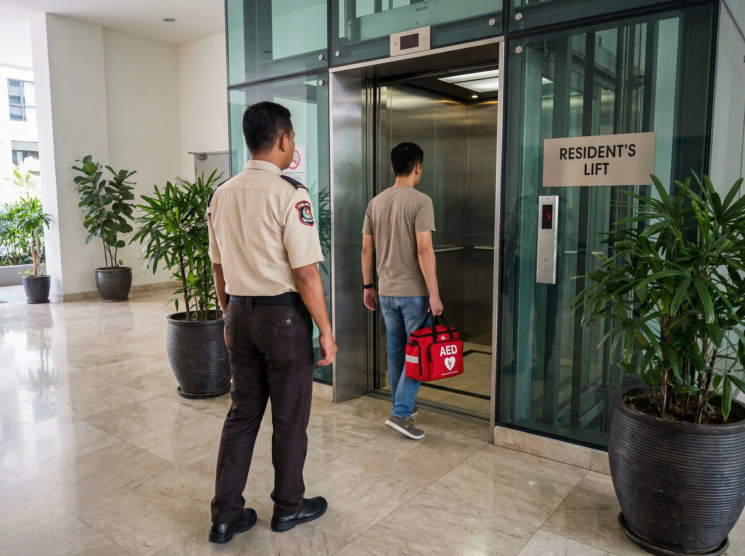 a security guard escorting a medical personnel