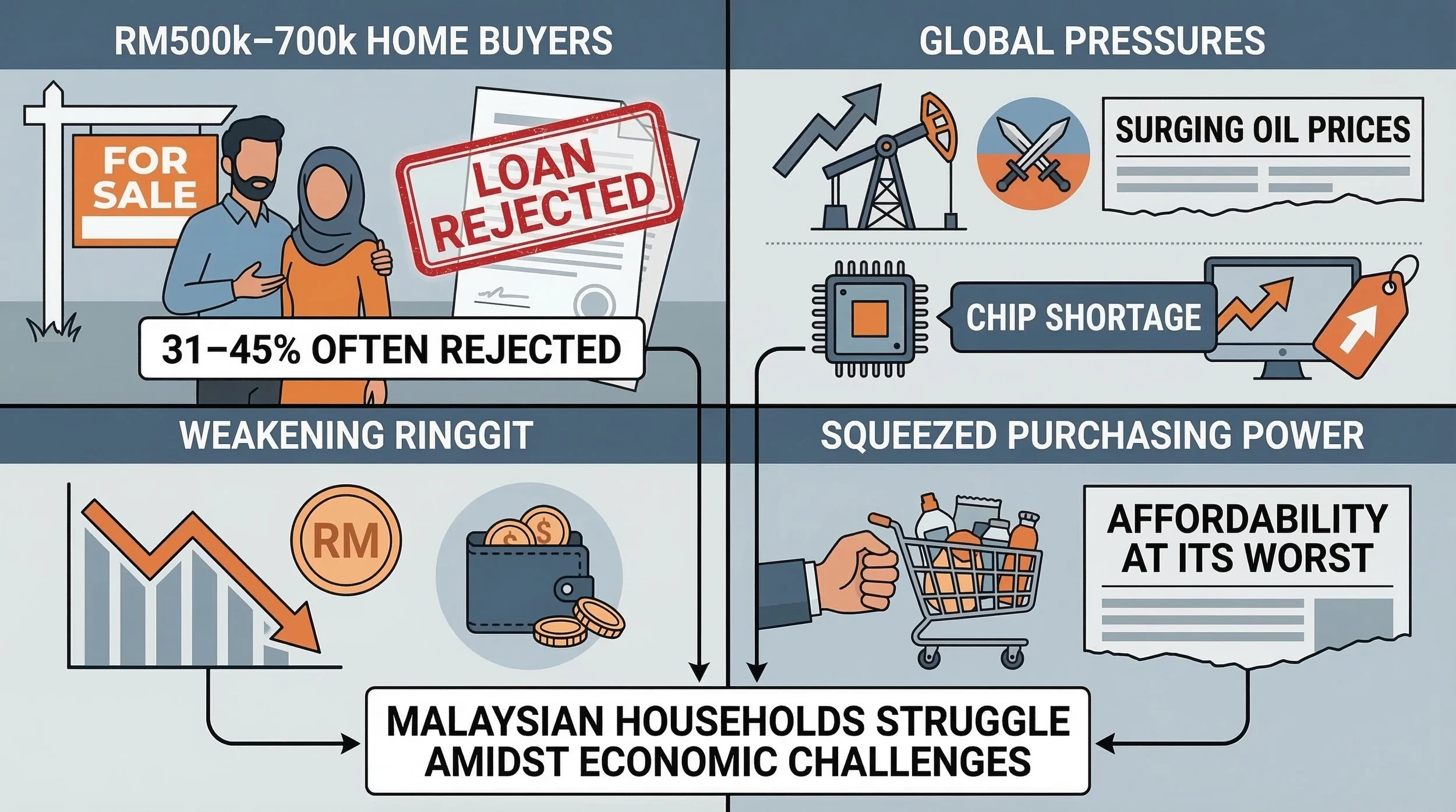 illustration of the current market of loan rejections, oil prices, chip shortages and low affordability of malaysians