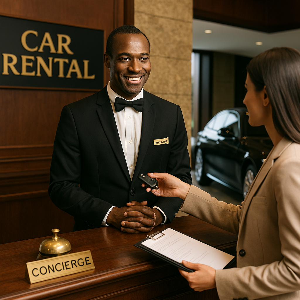 A hotel employee in a black tuxedo and bow tie is standing behind the reception desk, smiling while interacting with a guest. The guest, a woman in a beige blazer, is holding a clipboard and a small recording device or microphone. Behind them, there is a black car parked outside and a sign that reads 'CAR RENTAL'. The desk has a sign that says 'CONCIERGE' and a gold bell.